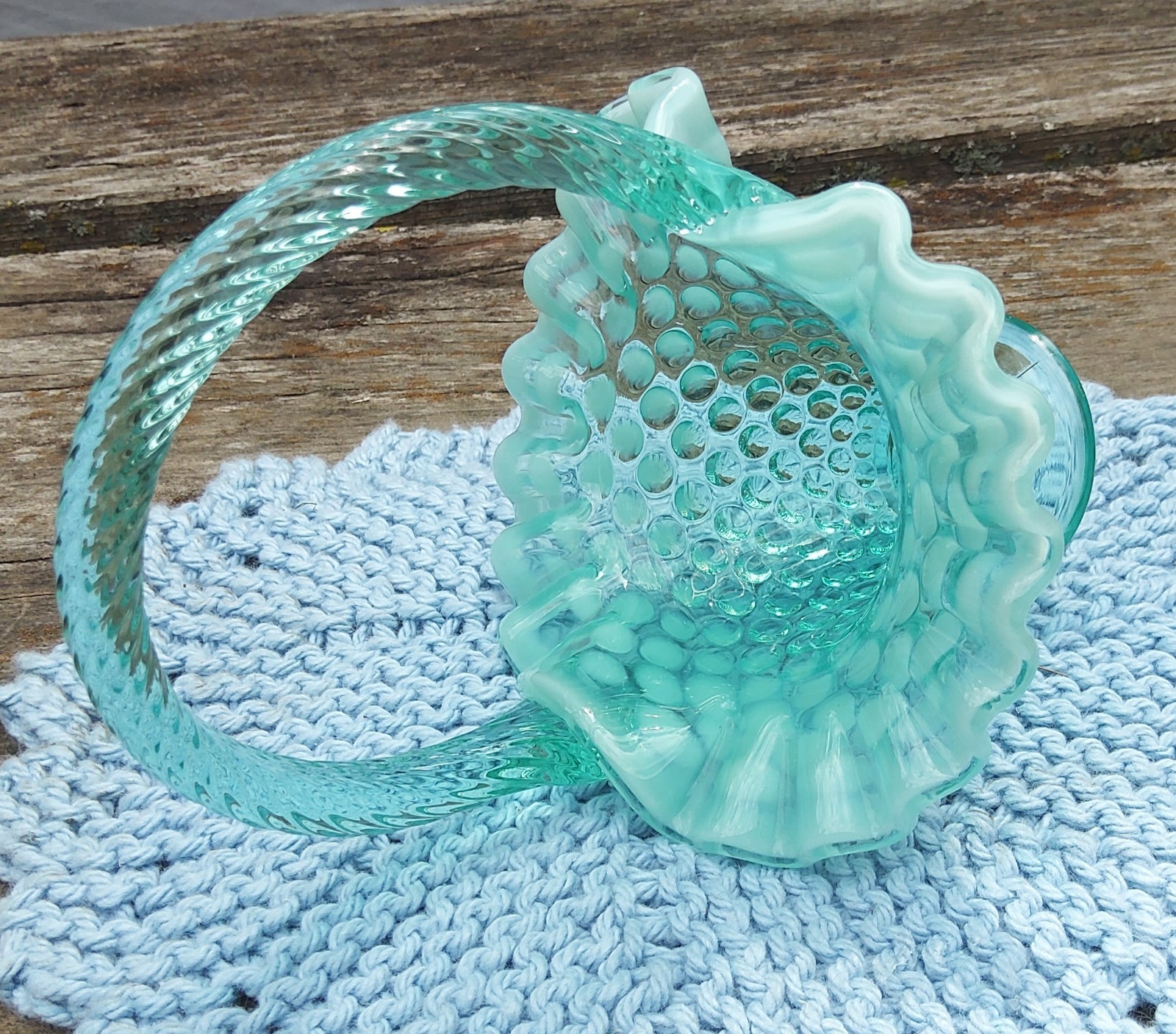 Fenton Glass Blue Opalescent Hobnail 6″ Basket Ruffled Edge Vintage