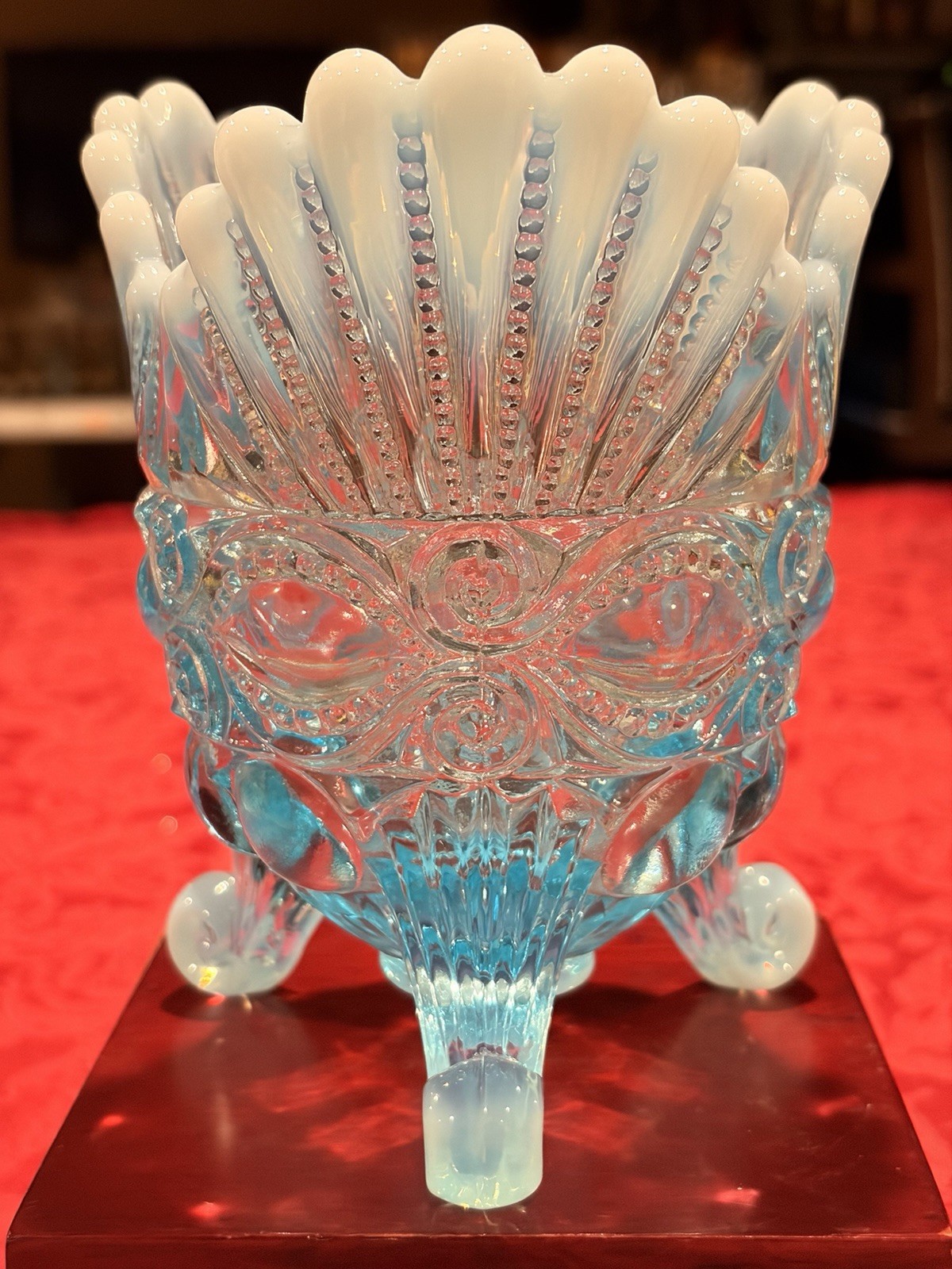 Vintage Mosser Blue Opalescent Eyewinker Spooner Glass Vase Ex Con Signed 6”
