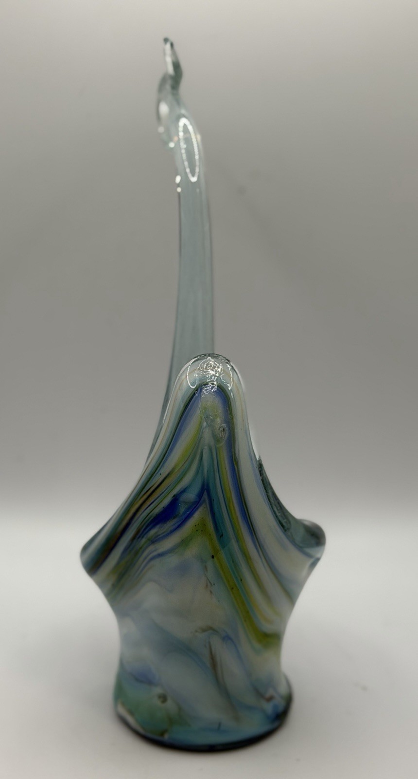 Vintage Hand Blown Art Glass Swan Vase Murano Style Blue Green Slag Swirl 10.5”