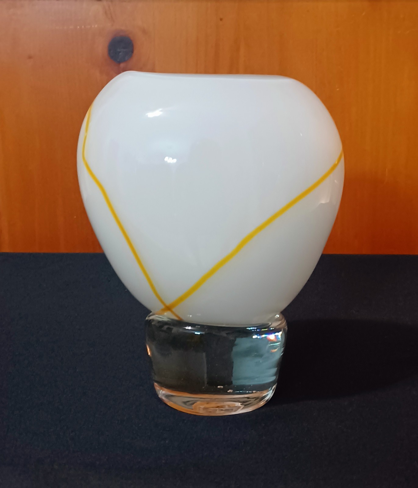 Vintage 1994 Robert Ore Hand Blown Art Glass Vase White Clear Yellow Swirl