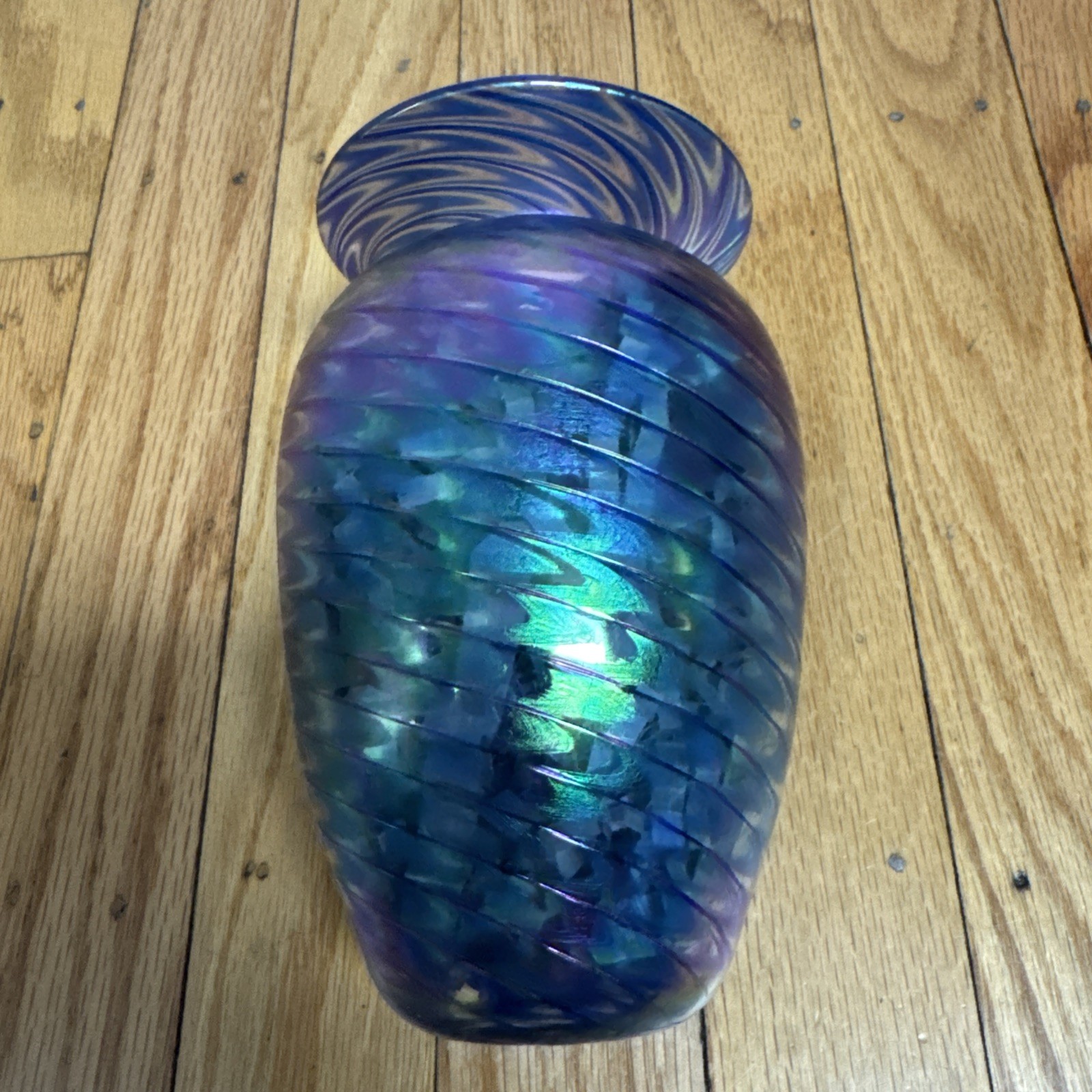 VTG The Glass Eye Studio Pulled Feather Vase 6” MSH 1988 Blue Swirl Peacock Art