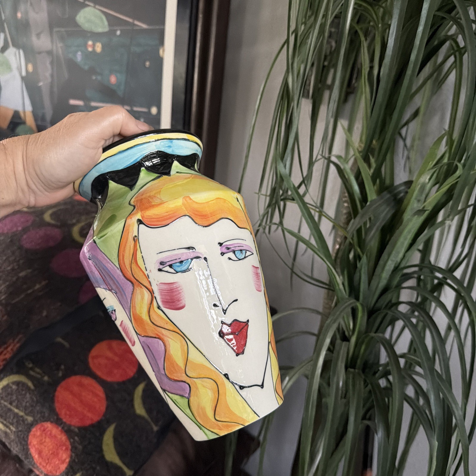 DENISE FORD Original 2003 Signed Post Modern Pop Art CERAMIC VASE 3 Faces 9”
