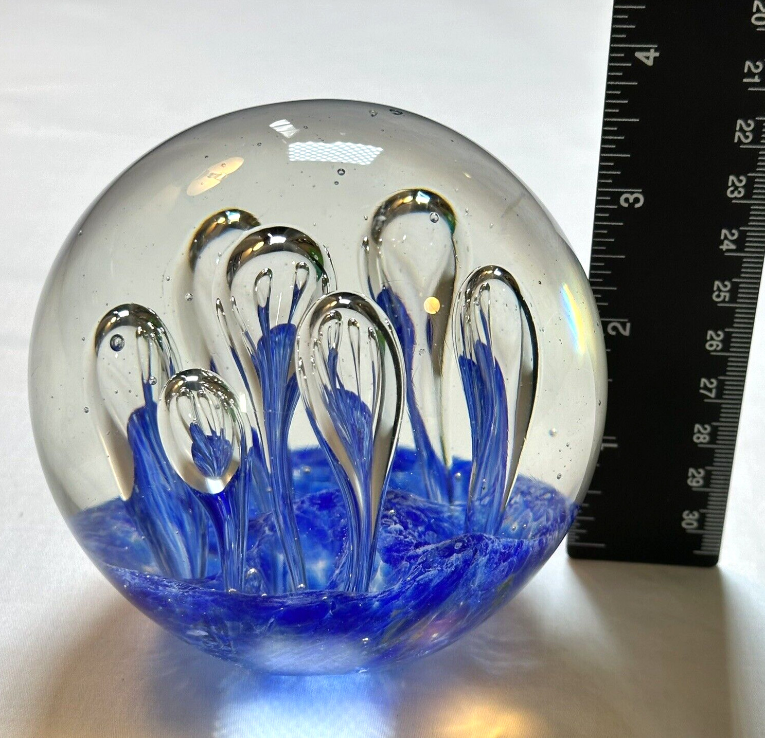 Studio Art Glass Paperweight Clear and Blue Swirl Controlled Bubbles Heavy READ