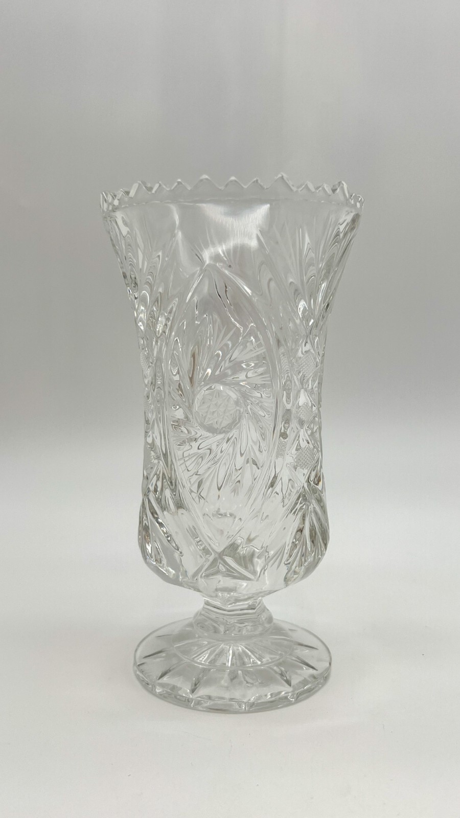 Polish Lead Crystal Footed Vase Cut Pinwheel Crosshatch Sawtooth 7″