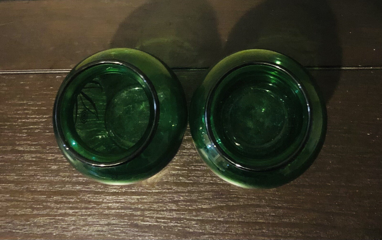 Mid Century Modern Anchor Hocking Green Emerald Glass W/ Gold Inlay Small Vases