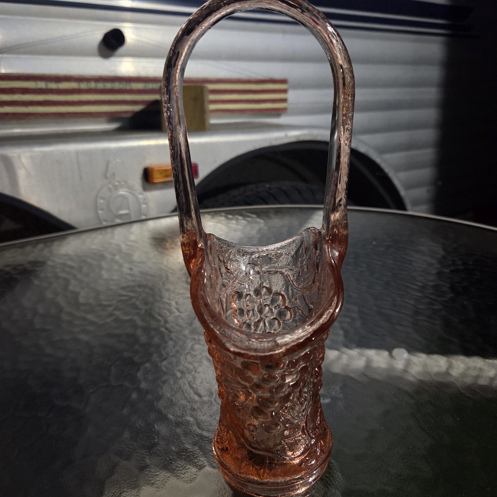 Vintage Pink Glass Basket Grape Leaves Design 10 Inches Tall