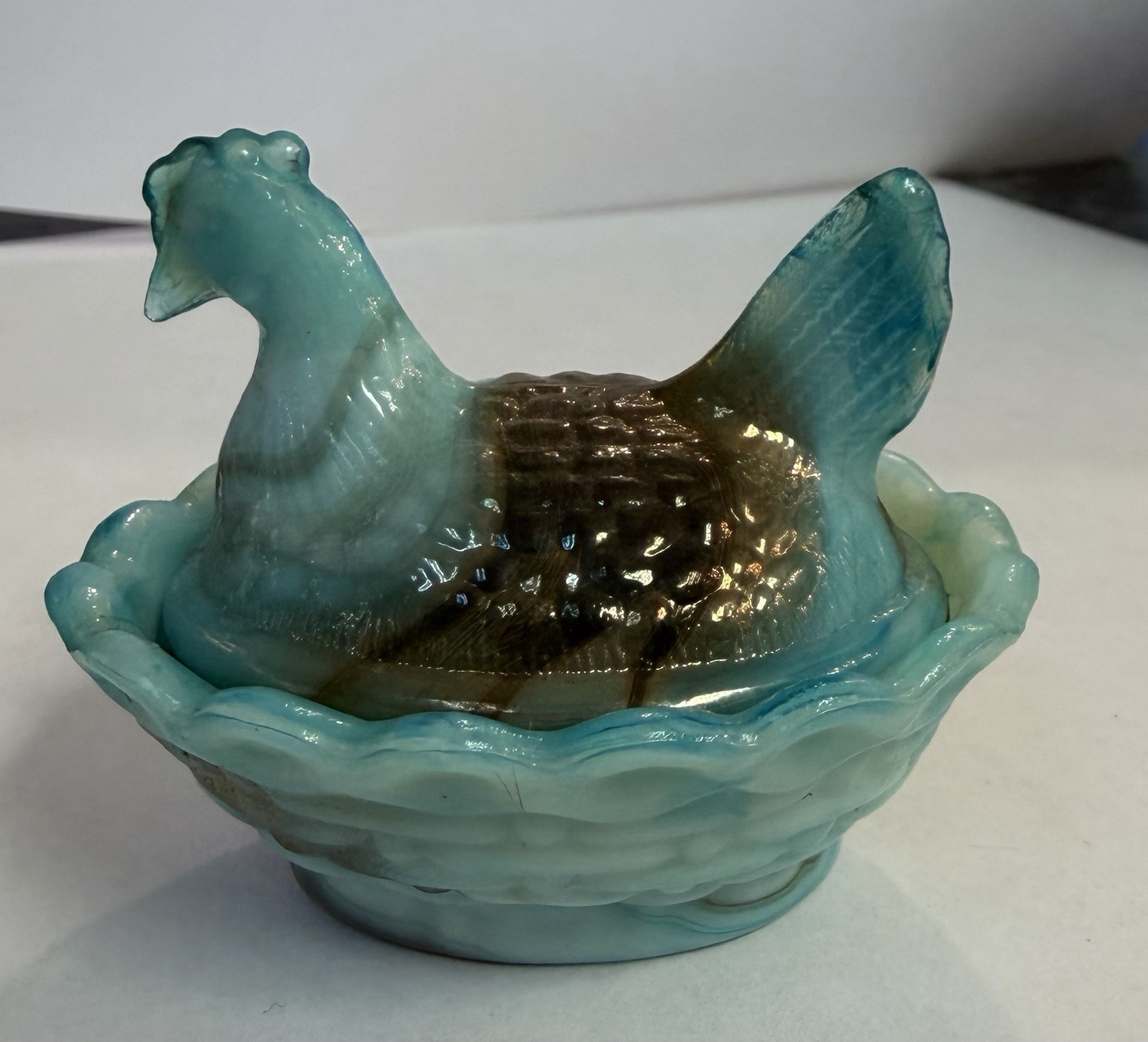 Boyd Glass Hen On Nest Salt Cellar Swirled Aruba Slag Aqua Bronze