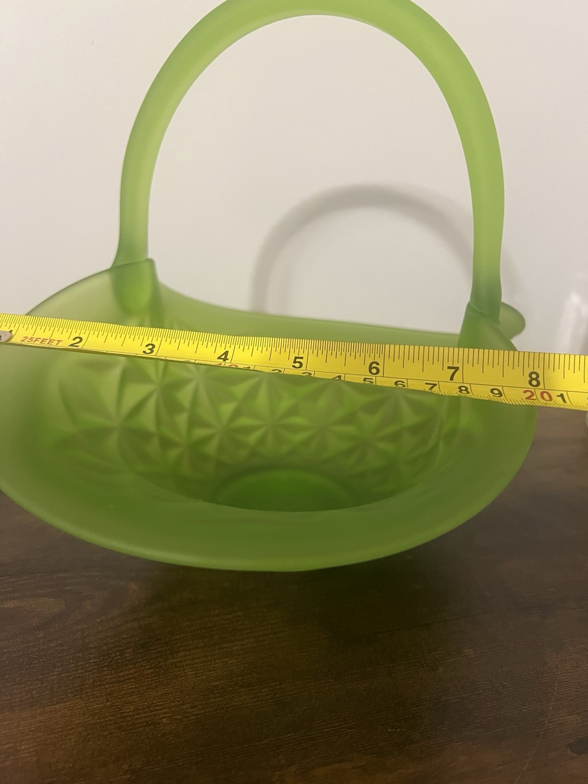 Westmoreland Satin Green Pressed Glass Basket 10” Daisy Pinwheel Pattern Vintage
