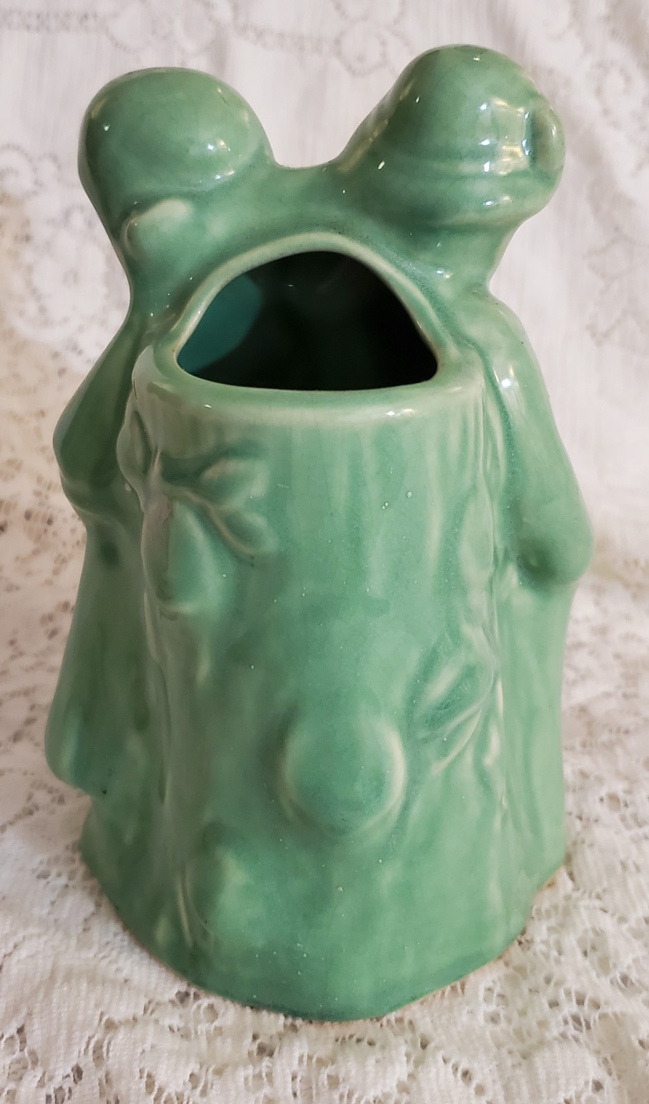 1950s Dutch Boy and Girl Green Ceramic Vase Cameron Clay Co. Planter Art Decor