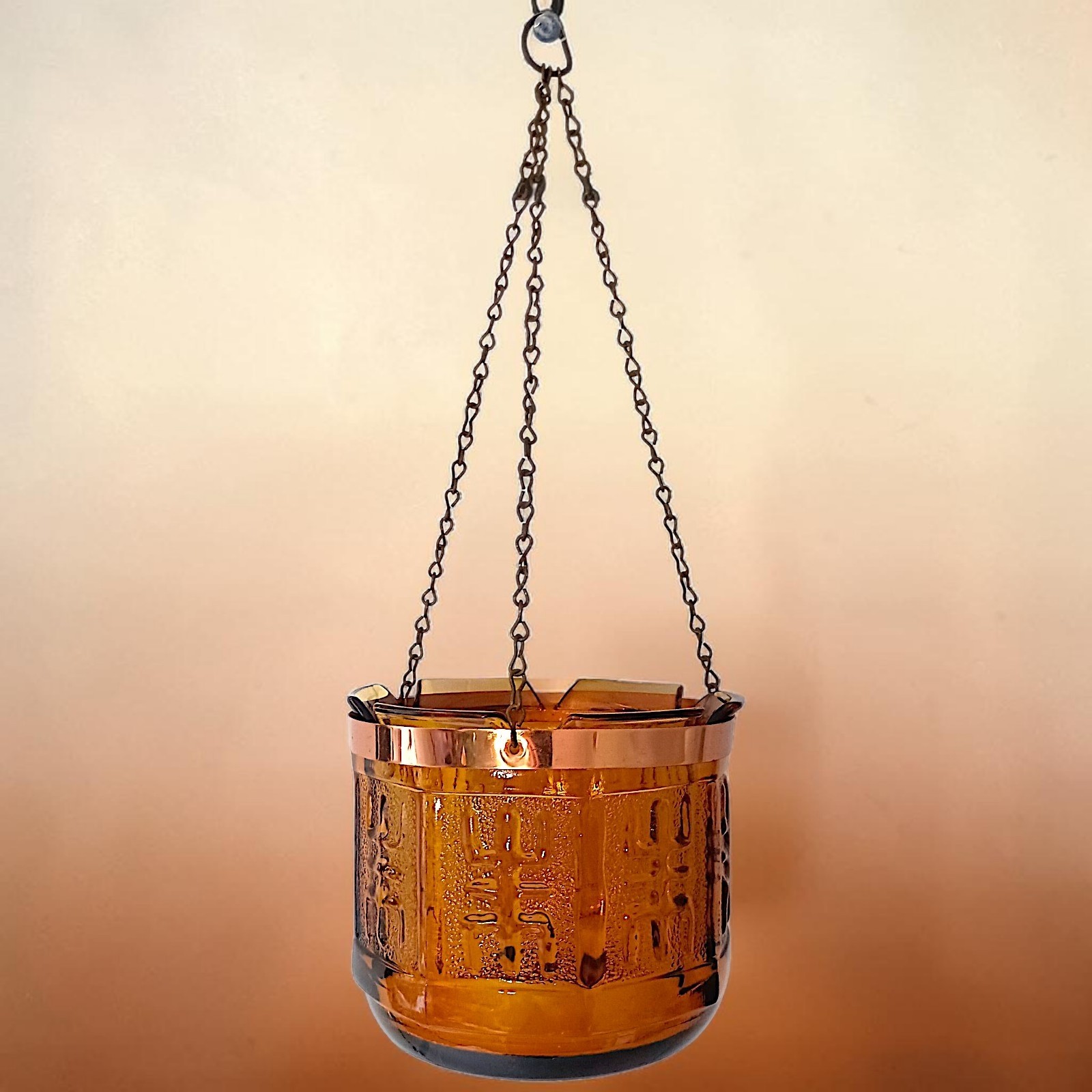 Vintage Amber Glass Hanging Planter Pot Chain Princess House MCM Candle Holder