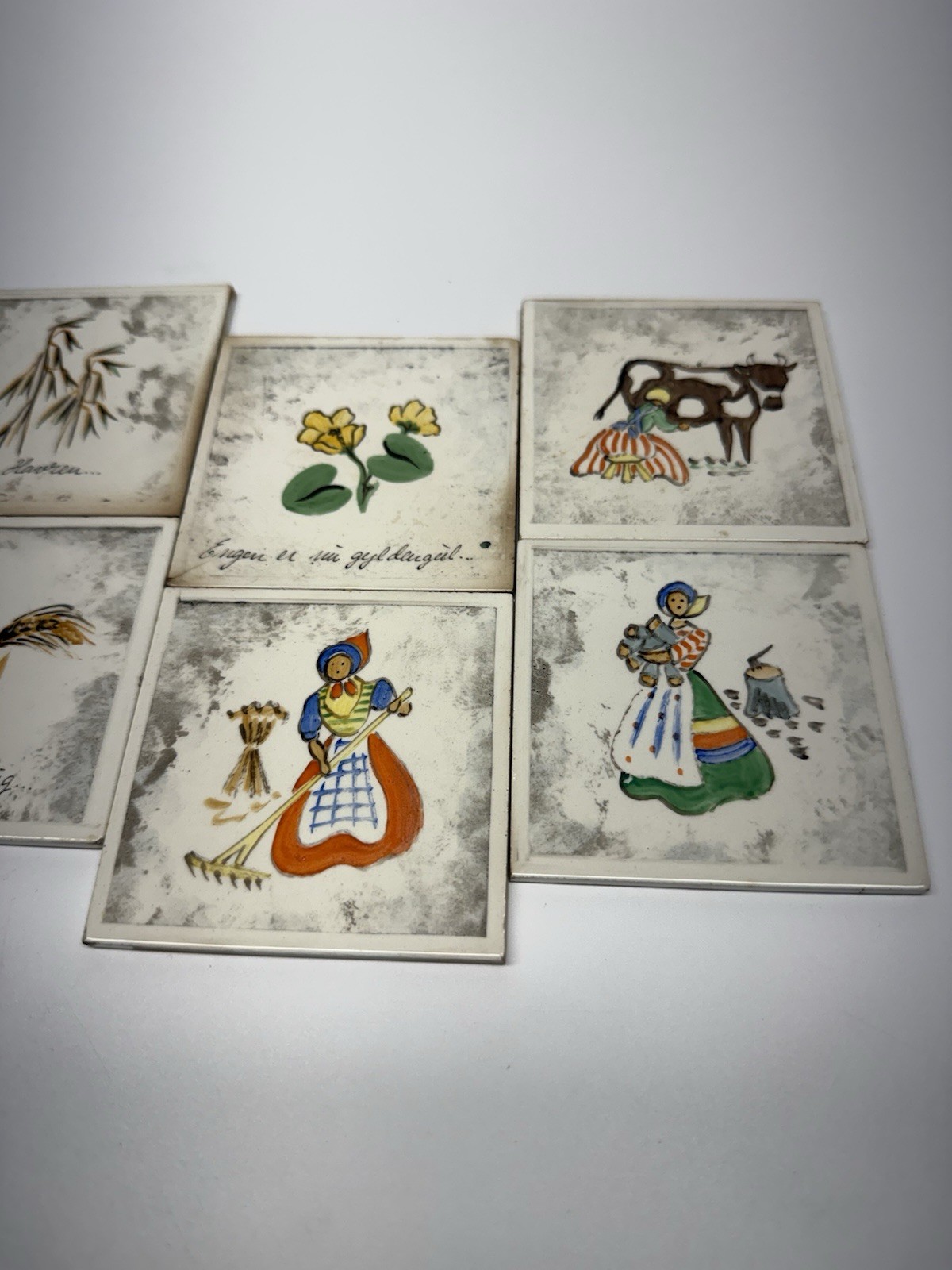 Mid Century Porcelain Tile 8 Coaster Set Christian Denmark Hand Painted Florals