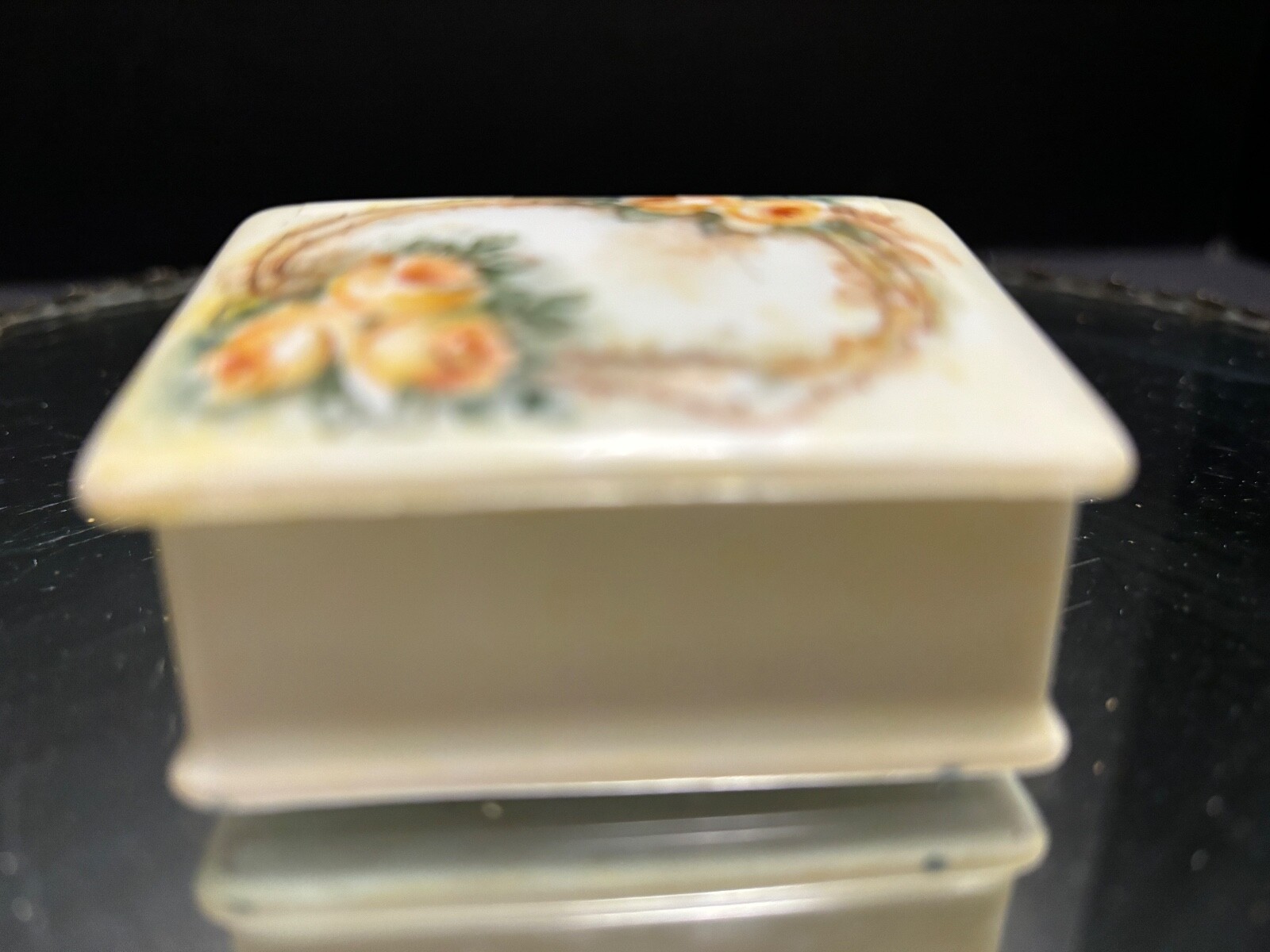 RS Germany Porcelain Stamp Box Vintage Hand Pntd Lid Signed Iridescent Interior