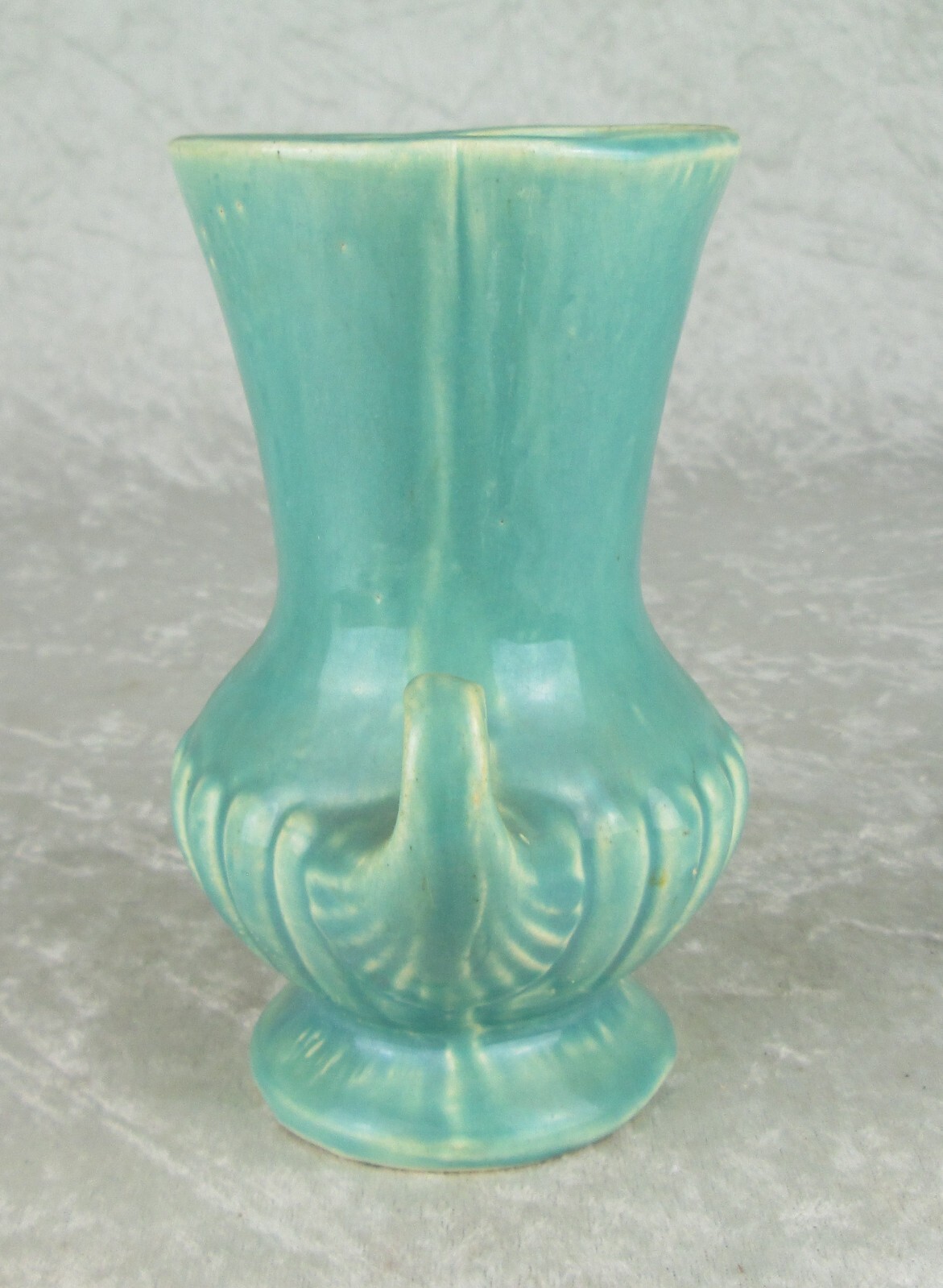 Brush McCoy Pottery Vase Turquoise Scroll Handle Classically Fluted 6-1/8in