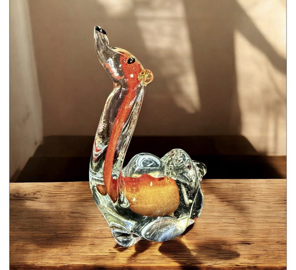 Vintage Murano Style Art Glass Two Hump Camel Sculpture Clear & Orange Colored