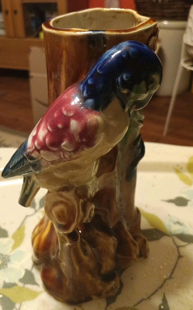 Vintage Japanese Figural Bird Flowering Tree Branch Large Majolica Pottery Vase