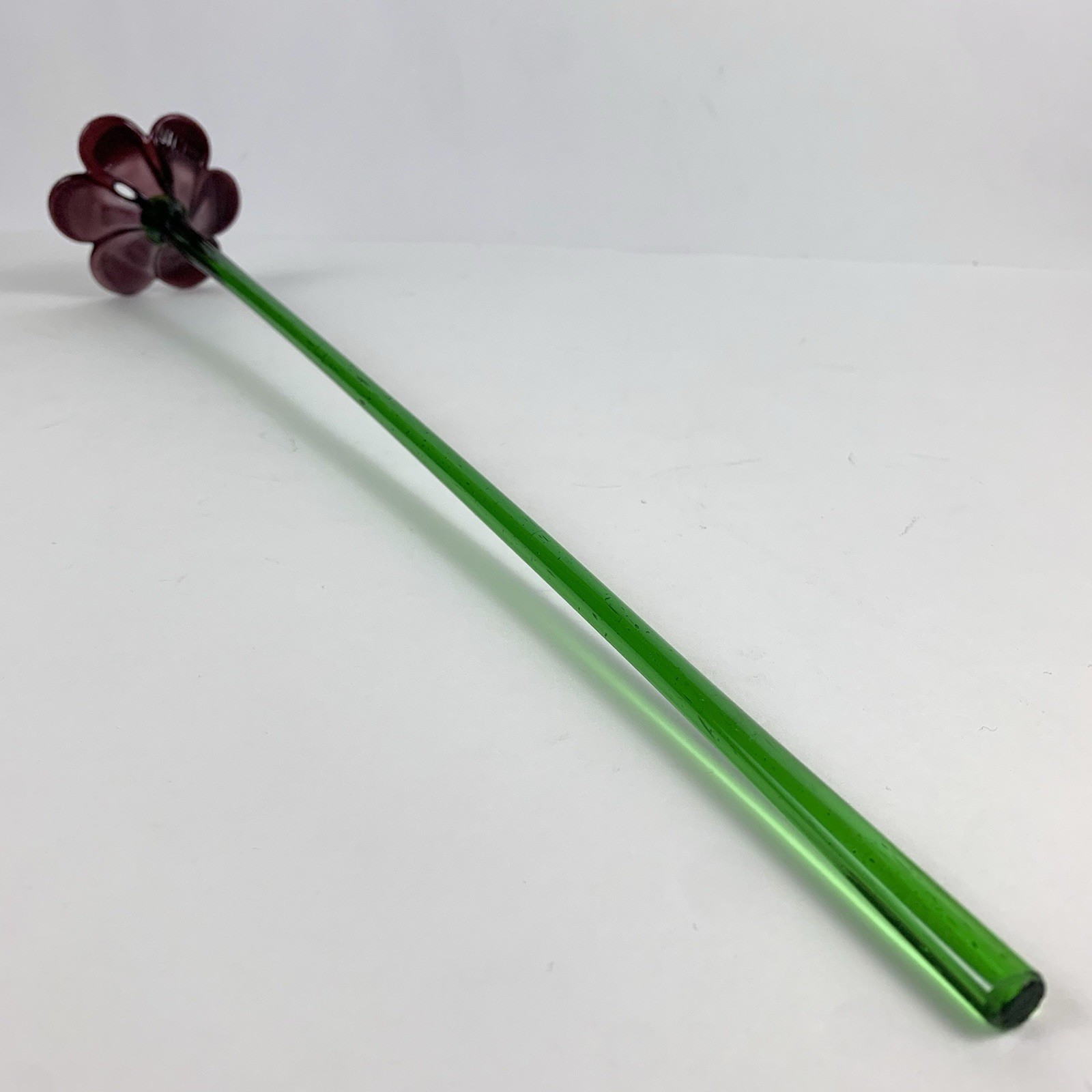 Hand Blown Art Glass Flower Plum Purple Petals & Green Stem 19 Inch Long Decor