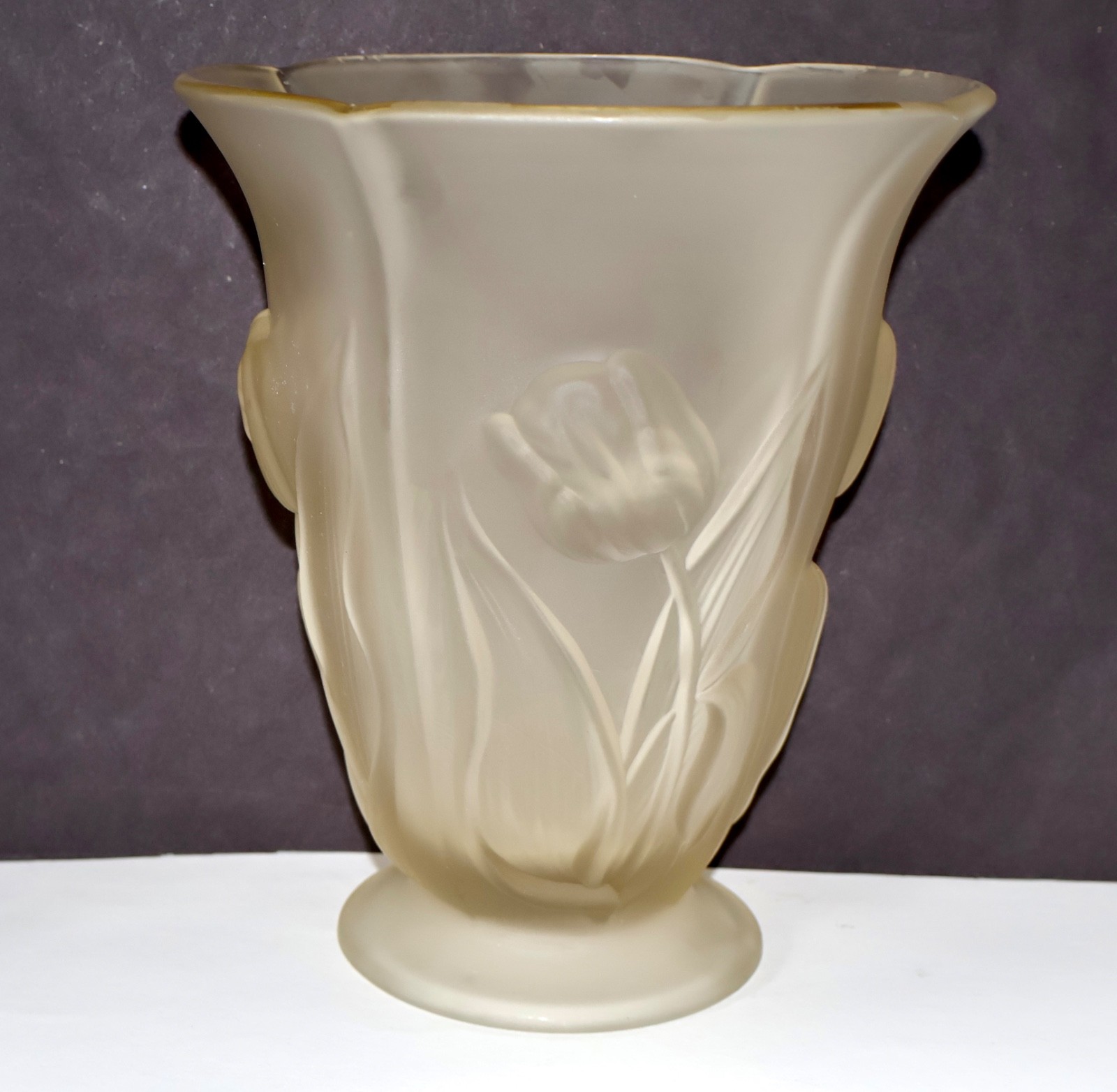 Molded Tulips and Leaves with Raised Intaglio Relief Frosted Satin Glass Vase