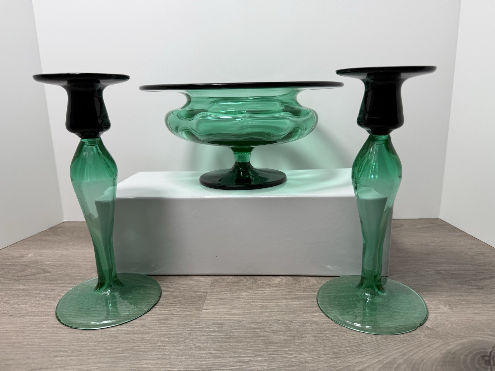 Vintage Two Candle Table Setting & Centerpiece Pedestal Bowl Uranium Glass