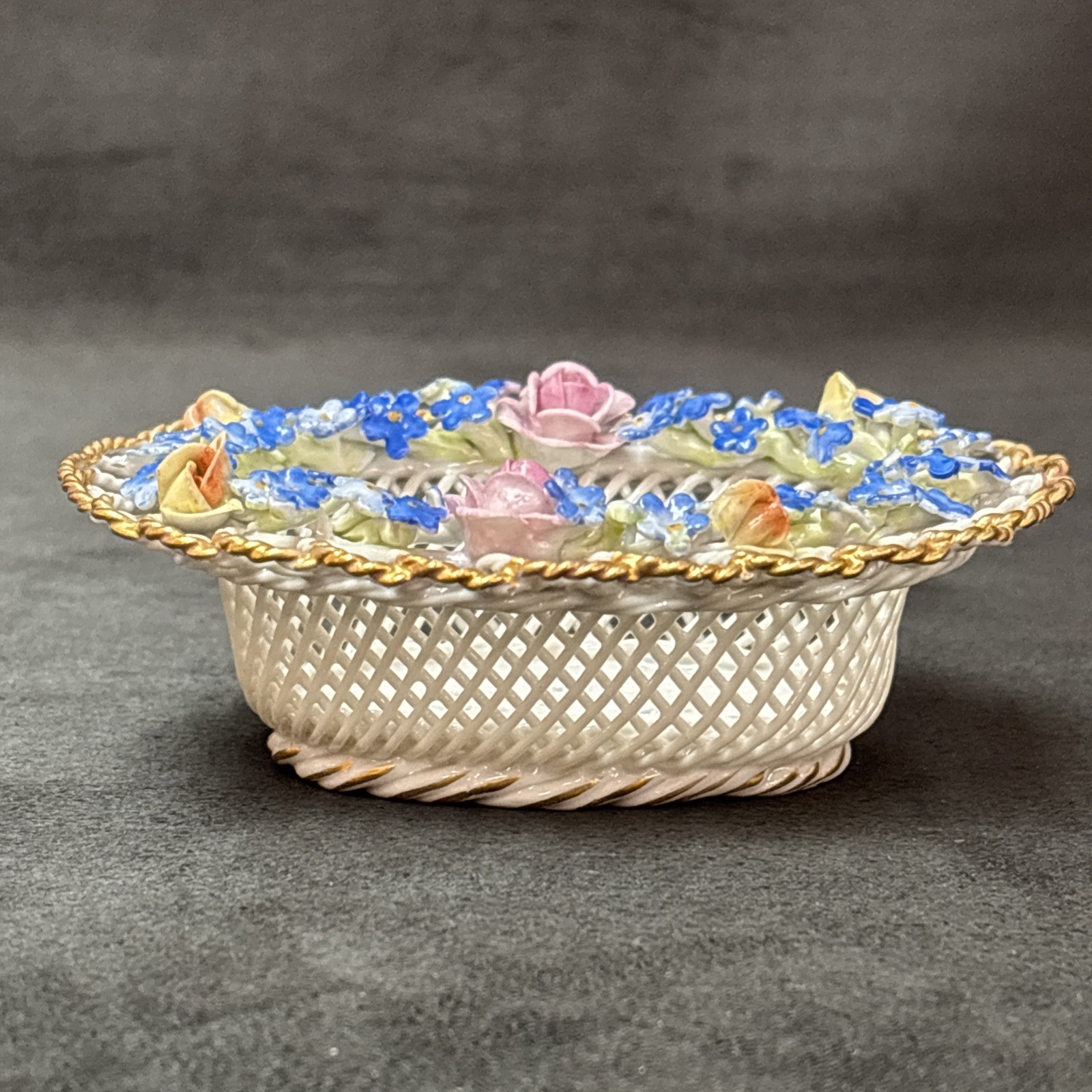 Antique Von Schierholz Woven Porcelain Basket FORGET ME NOT ~ F