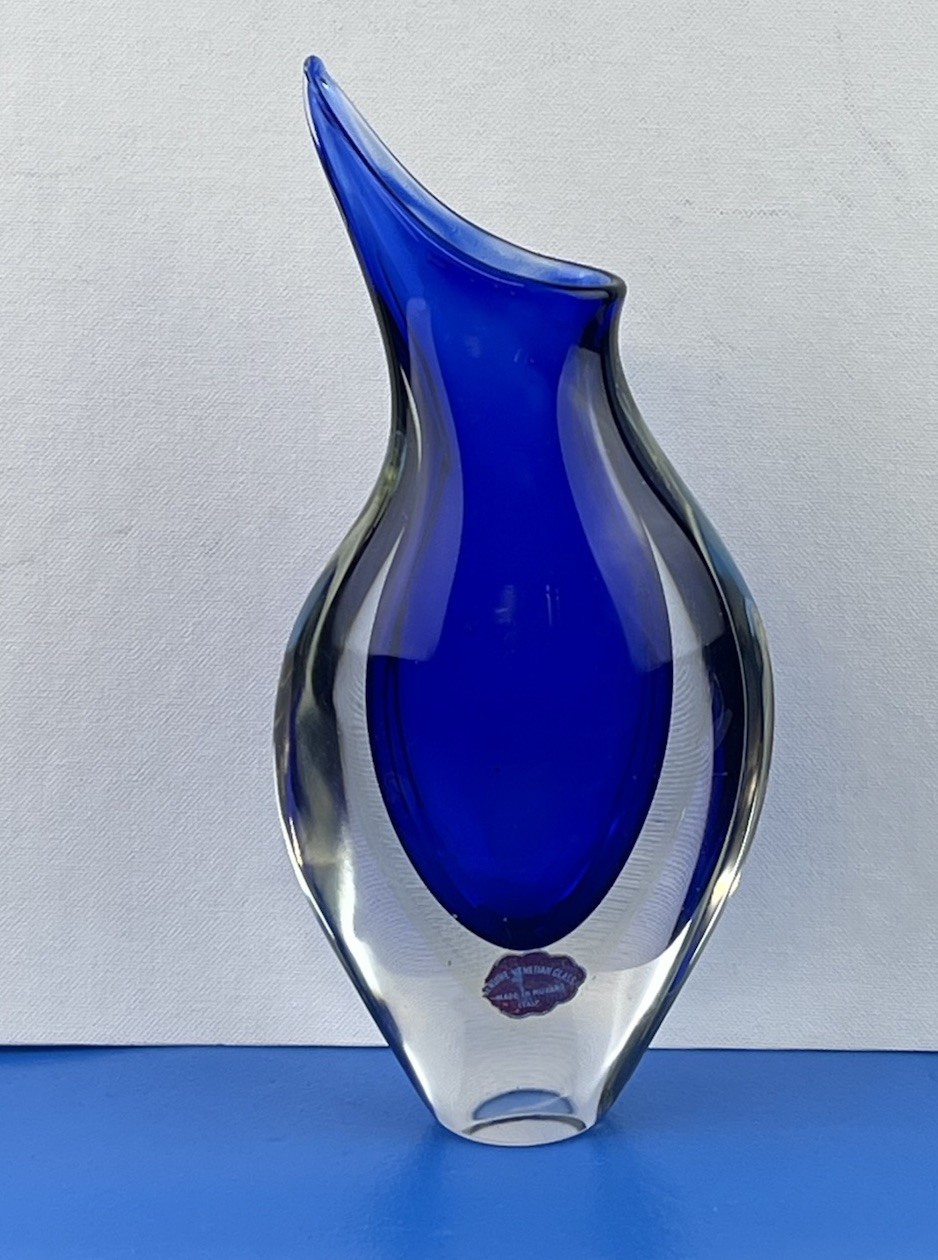 Murano MCM Glass Blue Clear Teardrop Vase 10.5”