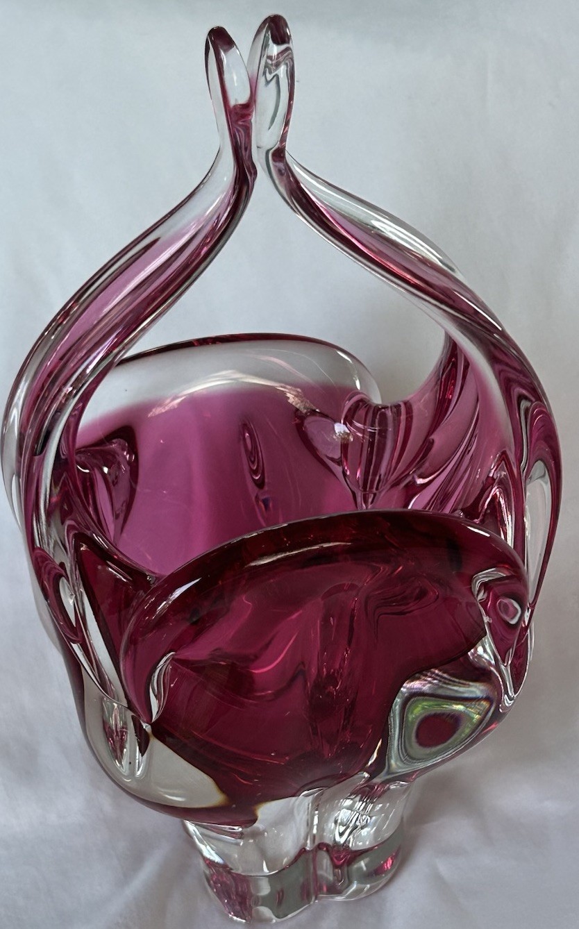 Vintage BOHEMIA Glass Handmade Czech Republic Cranberry 9” Tulip Basket Vase
