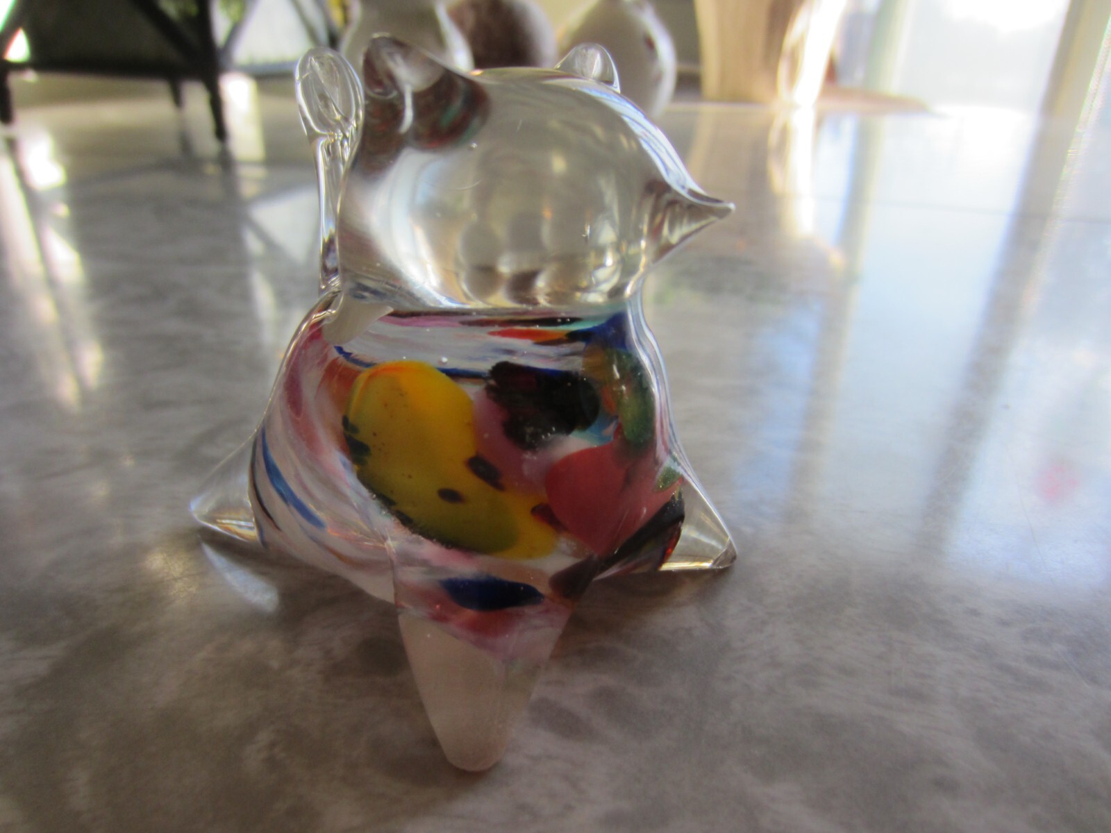 Vintage art glass cat paperweight Unbranded Multi-colors small FAT cat