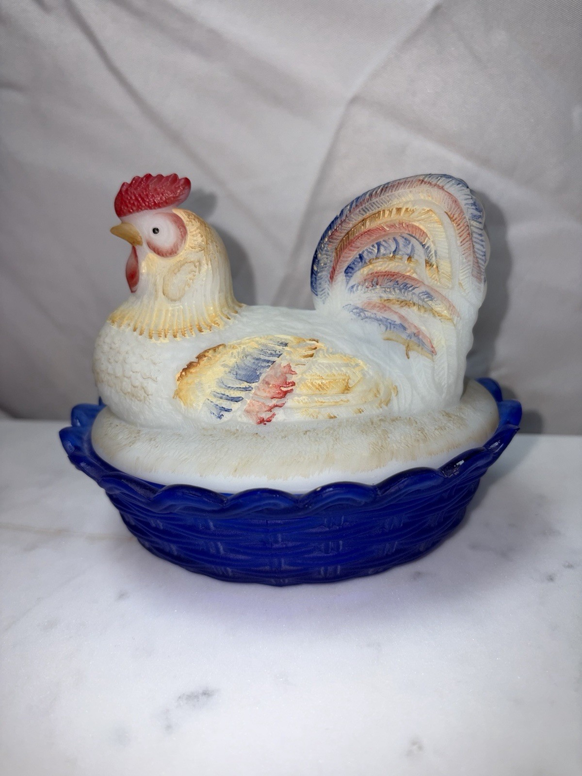Rare Vintage Fenton Patriotic Toile Satin Blue Roster On Nest “B.Williams”