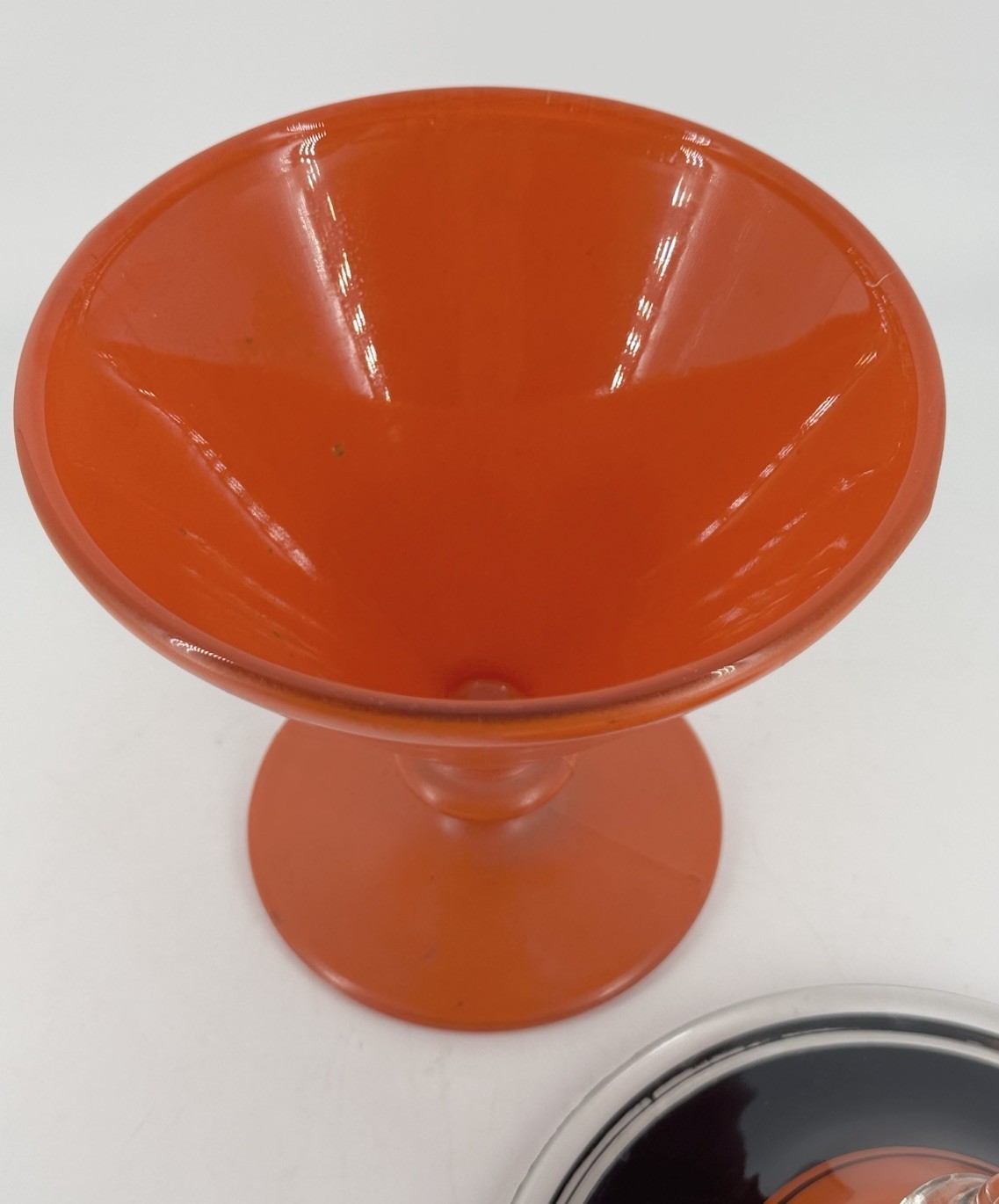 Vintage Art Deco Tango Glass Candy Dish Lid Orange Black Footed Conical