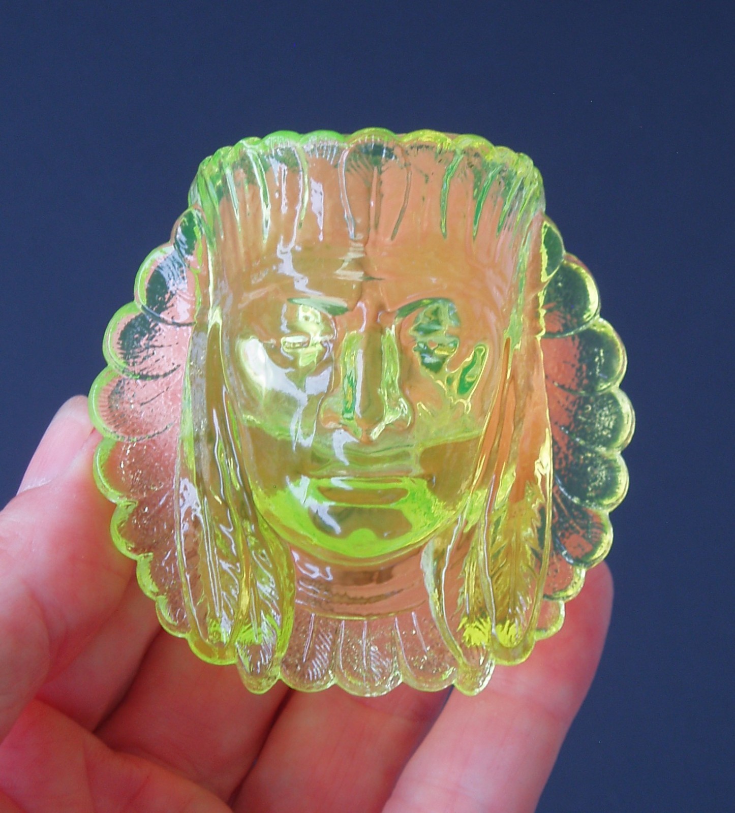 Boyd Uranium Glass Indian Chief Head Toothpick Holder Canary Yellow Transparent