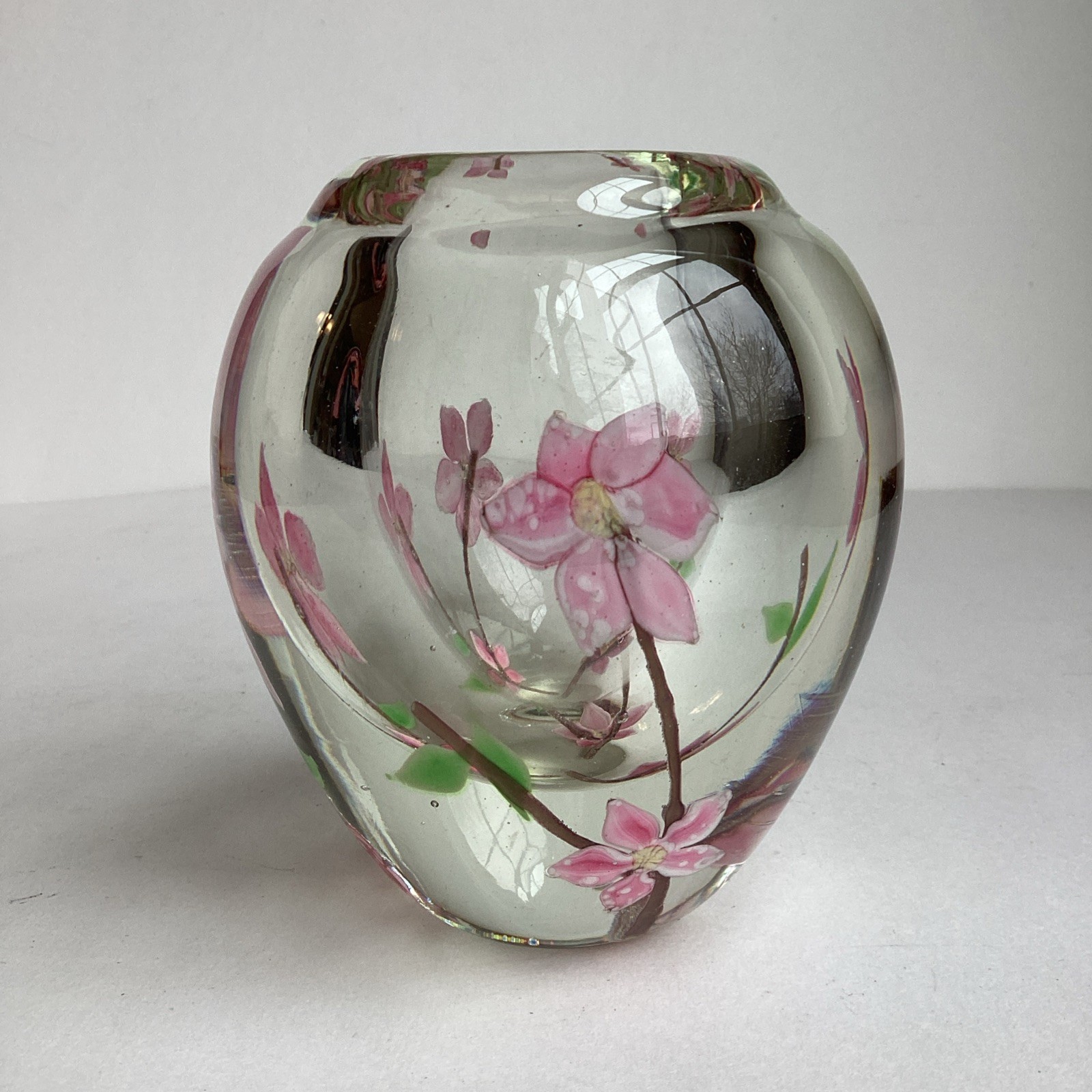 Floral Art Clear Glass Paperweight Vase Pink Green 4.25” Painted Encased Heavy