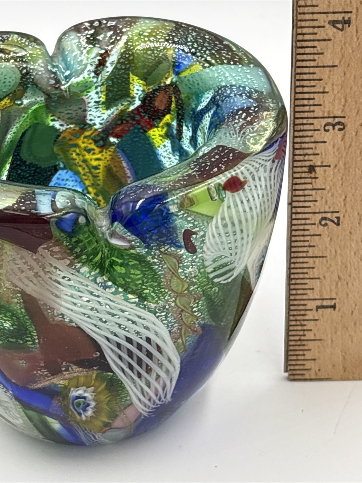 Murano Glass Small Vase “Tutti Frutti” Dino Martens 3-1/4” T. Triangular As Is