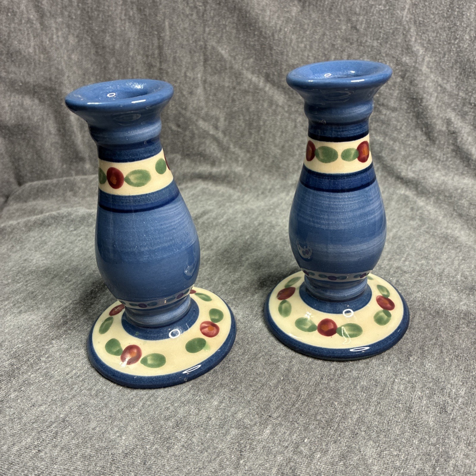 B- Gail Pittman 5.5” Blue Juniper Narrow Neck Candle Stick Holders Signed 1988