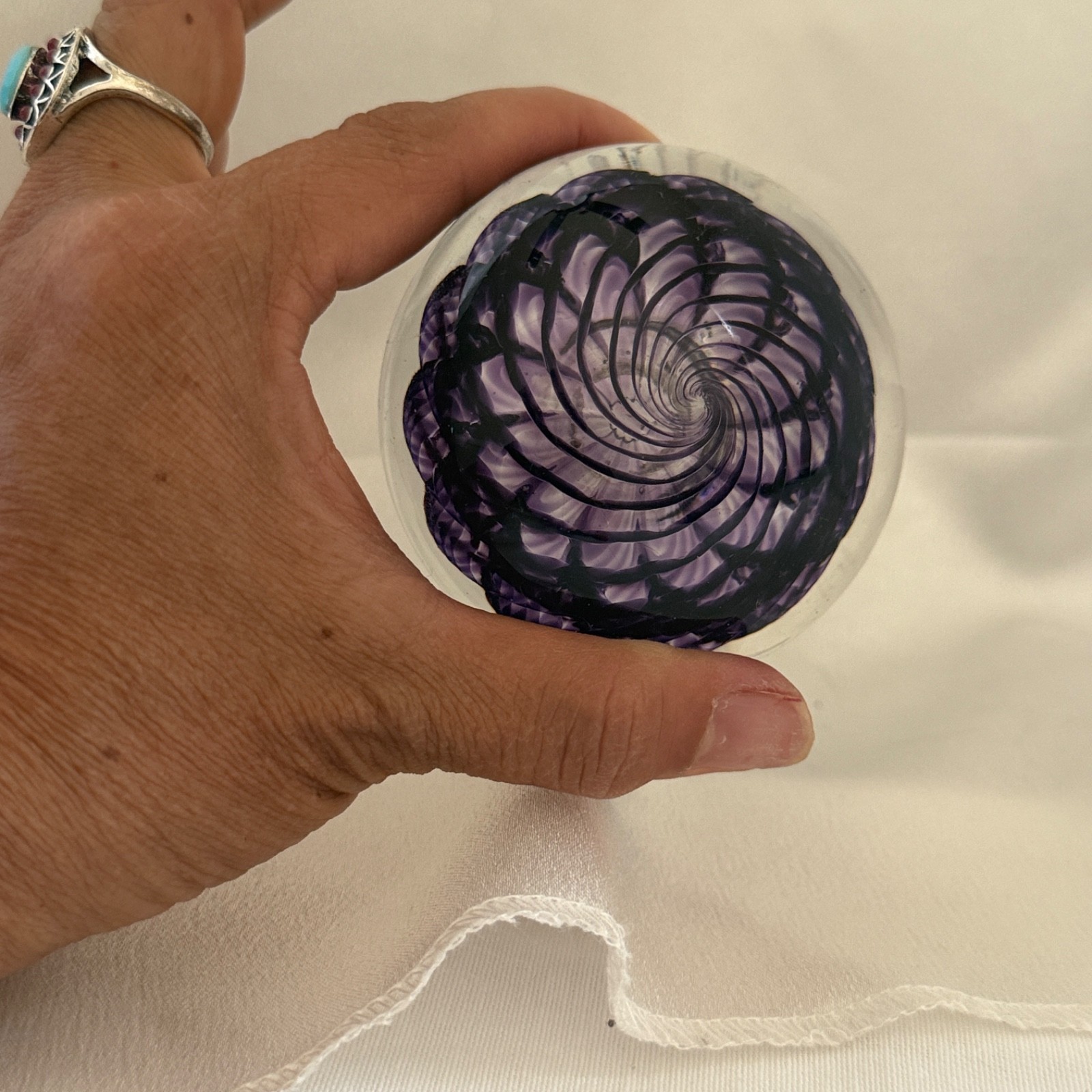 Art Glass Paperweight Purple Amethyst Swirl Hand Blown Signed Trout Studio