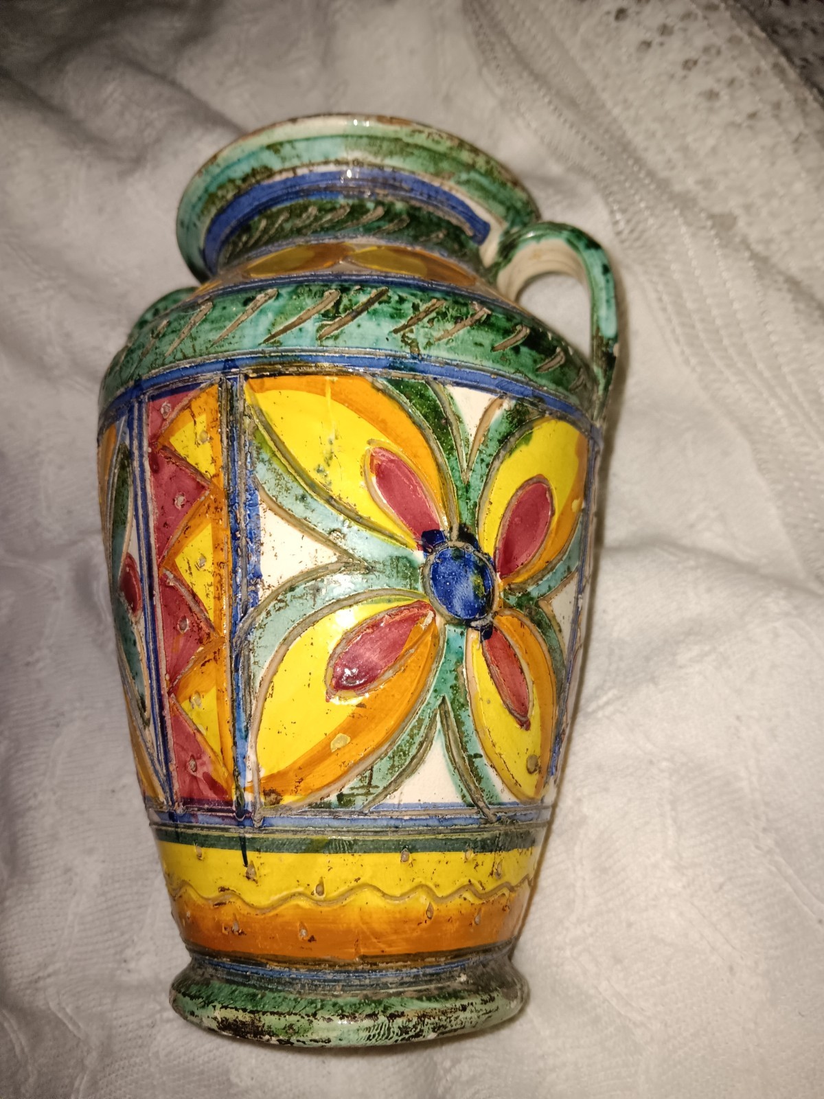 Antique Hand Thrown Mid Century Italian Sgraffito RUSTIC Pottery Vase 9” Signed
