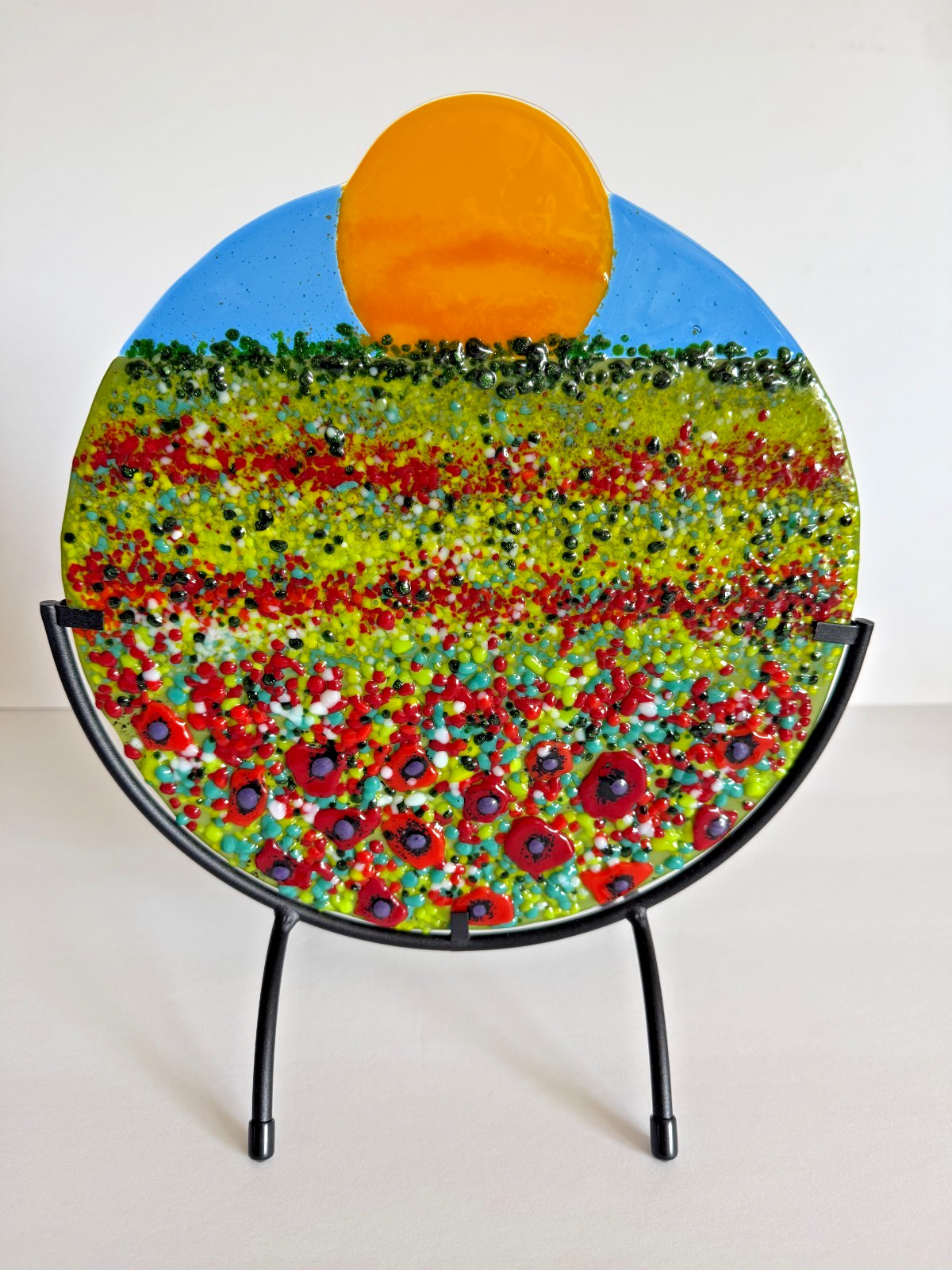 Stunning Anne Nye Fused Art Glass “Poppy Fields” on Metal Stand – 2011 Signed
