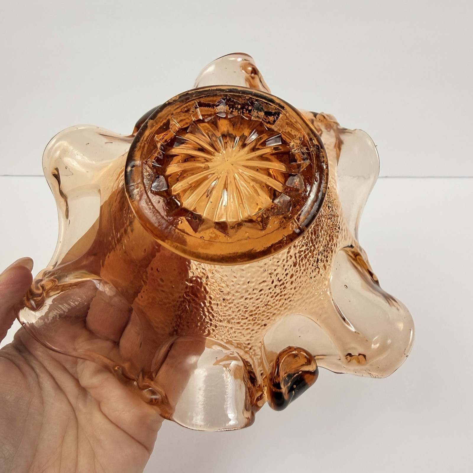Elegant Pink Amber Rose Depression Glass Basket Vase Floral Design 6″ Vintage