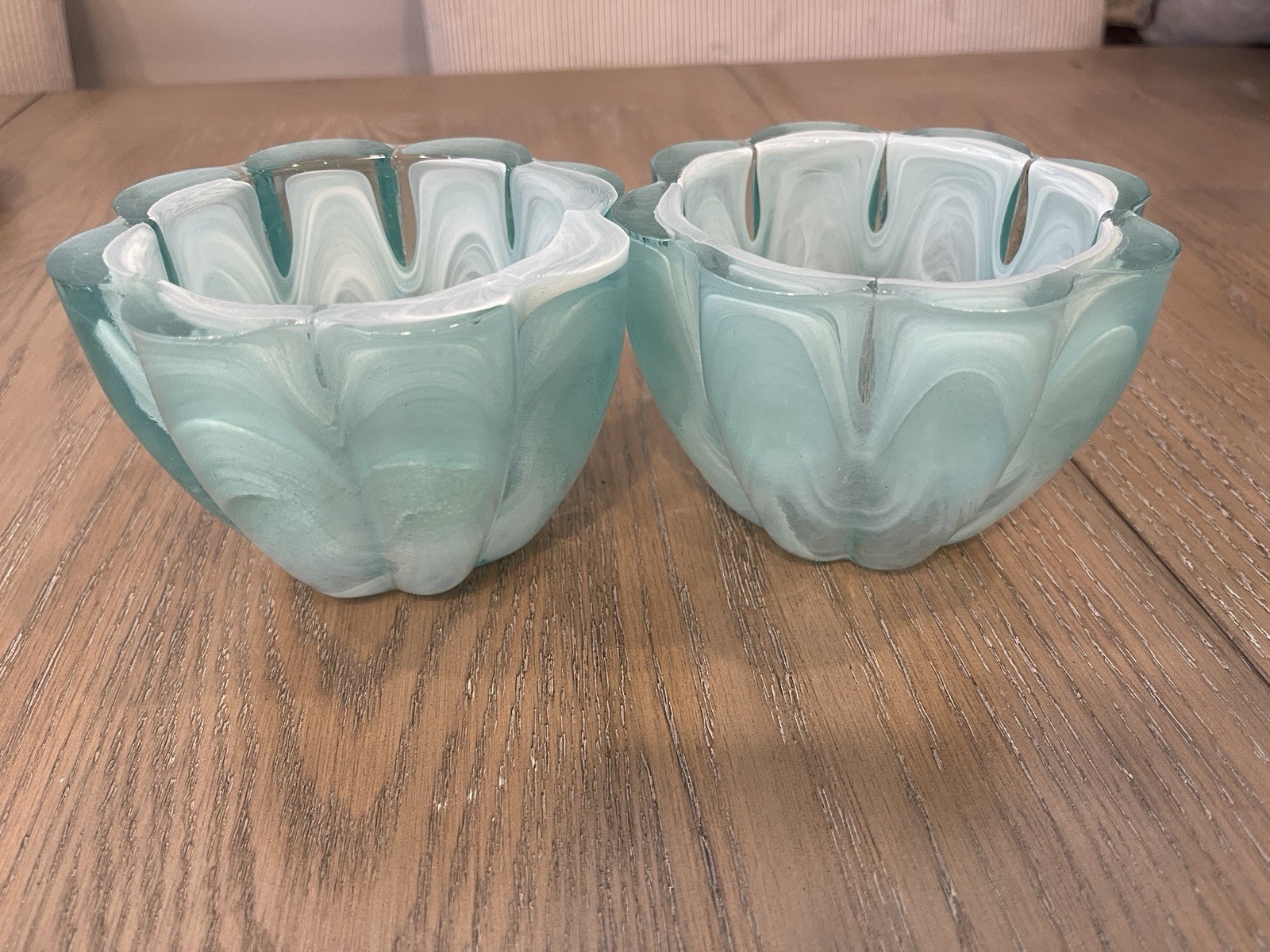 Set Of 2 Ecoglass Recycled Art Glass Bowl Votive Teal White Flower Shape