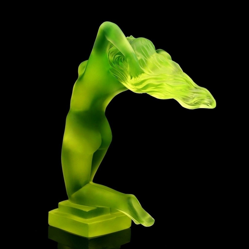 Art Deco Hood Ornament ‘ Chrysis ‘ Vaseline Uranium Glass 1930’ H.Hoffmann
