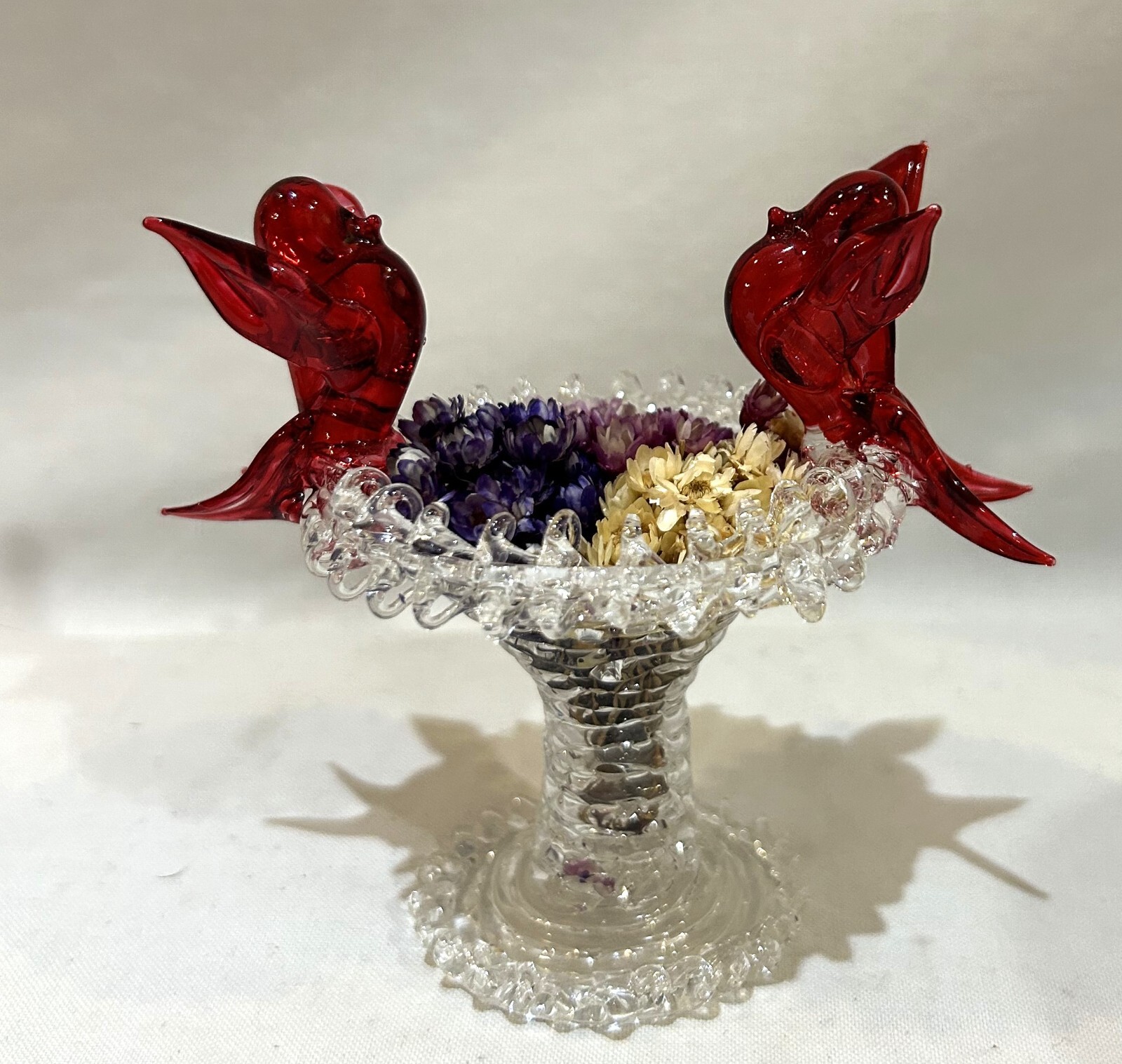 Hand Blown Spun Glass Miniature Bird Bath 3.25″ Two Red Birds Dry Flowers
