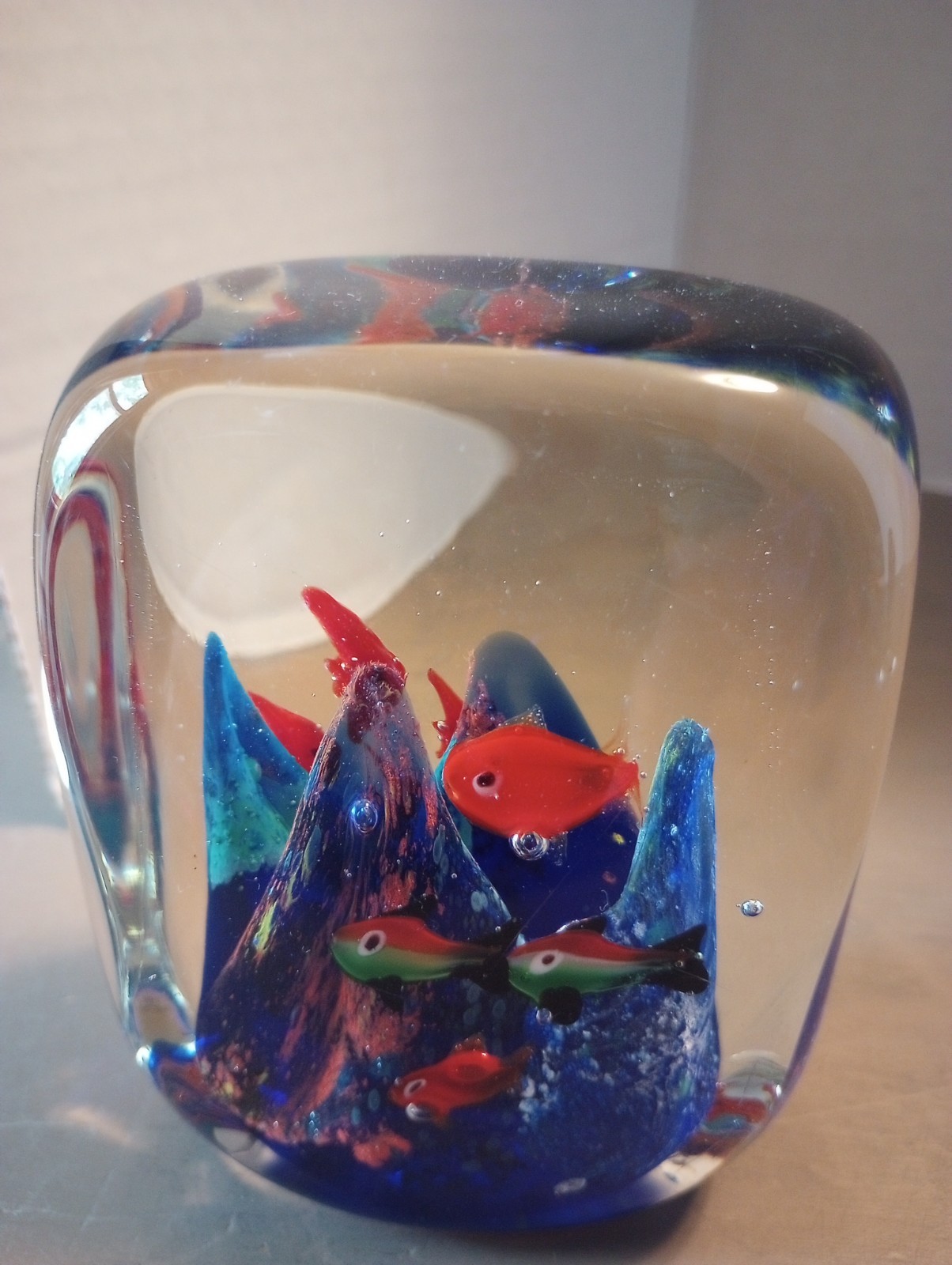Vintage Glass Art Paperweight Fish Seascape Murano Style Aquarium Cobalt
