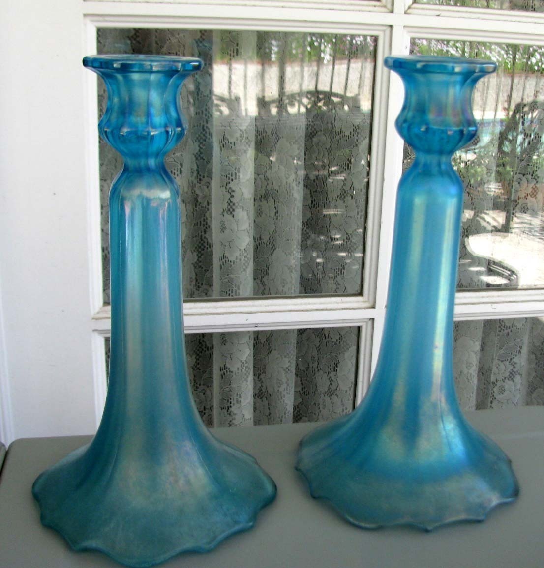 Tiffin Glass/U.S. Glass Celeste Blue Stretch #310 Candleholders circa 1910-1930s