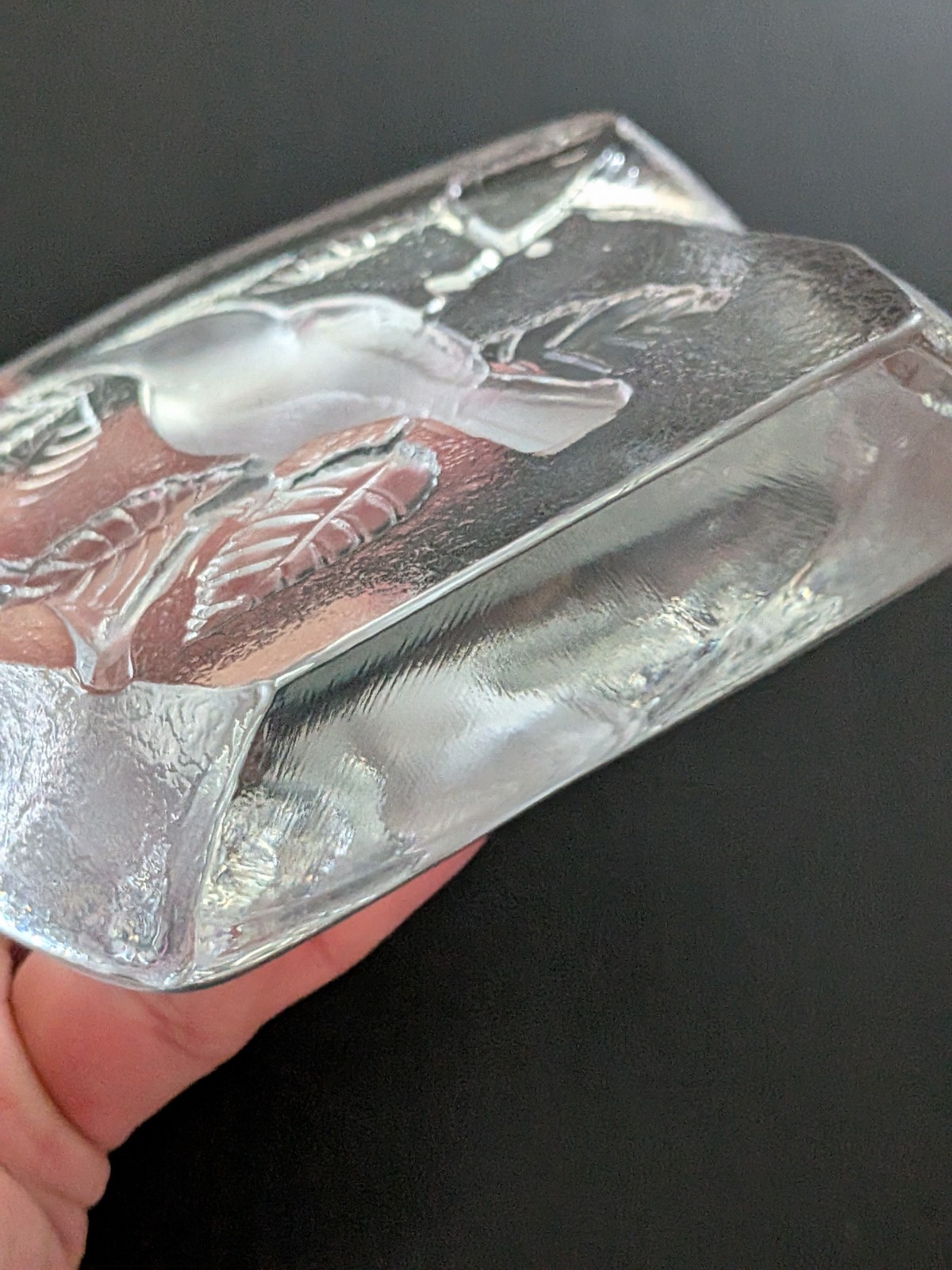 Mid Century Clear Glass Block Etched Bird Paperweight Unsigned 4.5″ Tall