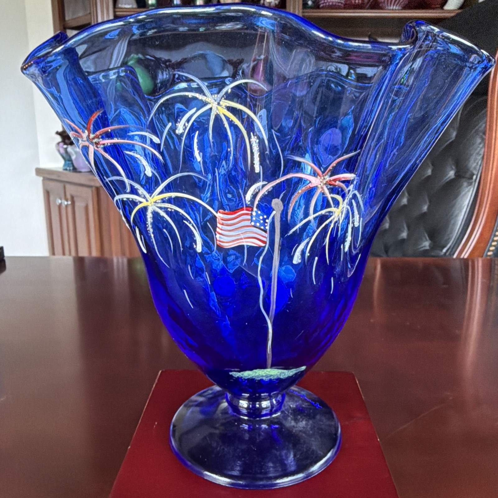 Patriotic Fenton “American Flag and Fireworks” Cobalt Footed Swung Vase-Signed
