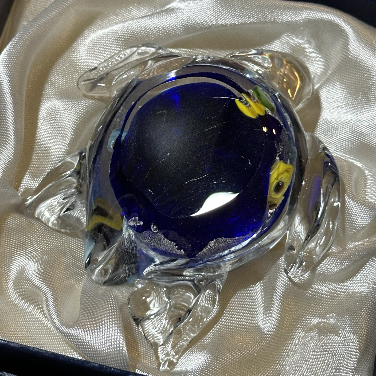 Murano Glass Sea Turtle Clear and Blue With Millefiori Canes Decor Art Piece