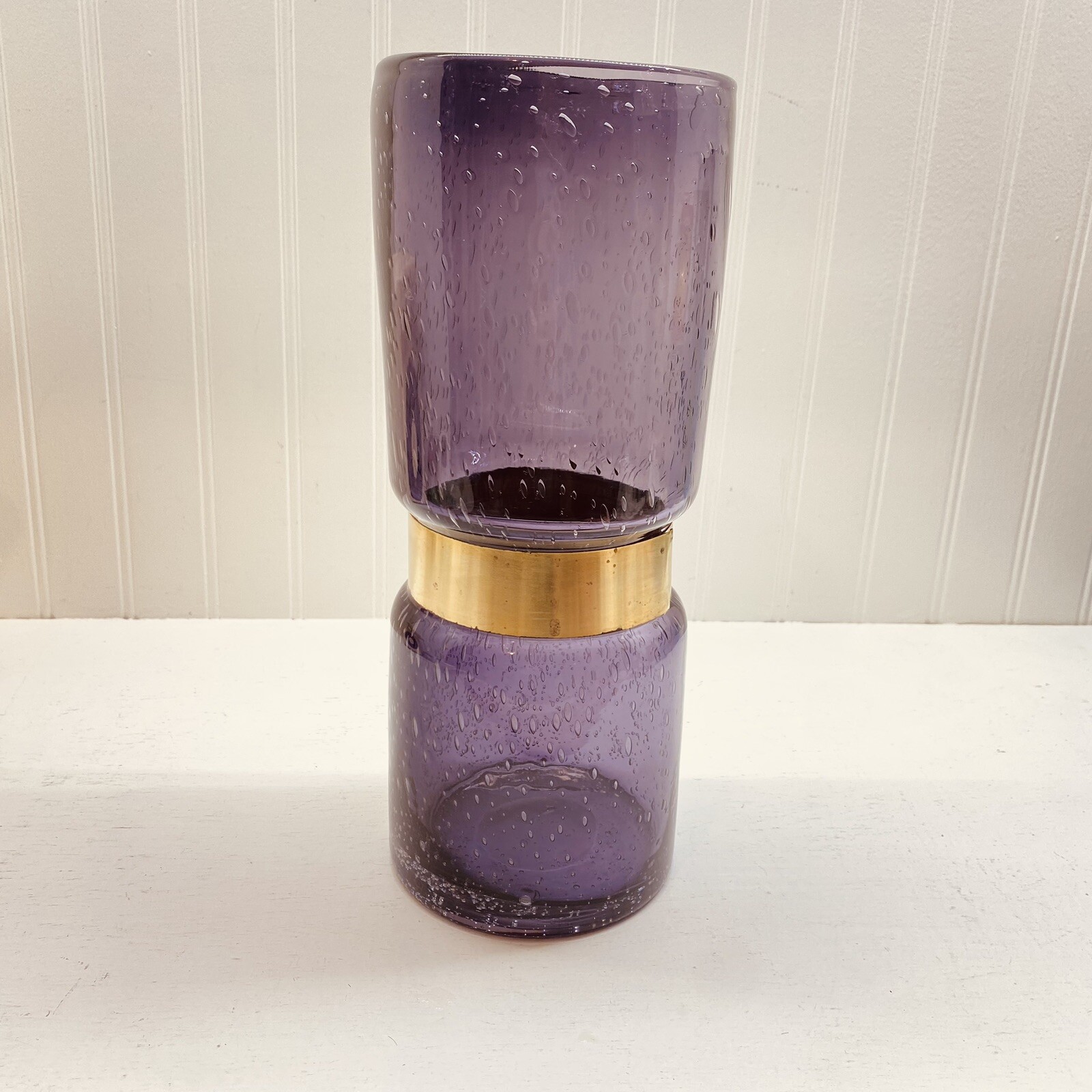 12” Moser Style Blown Glass Vase Gold Incised Band Amethyst Purple