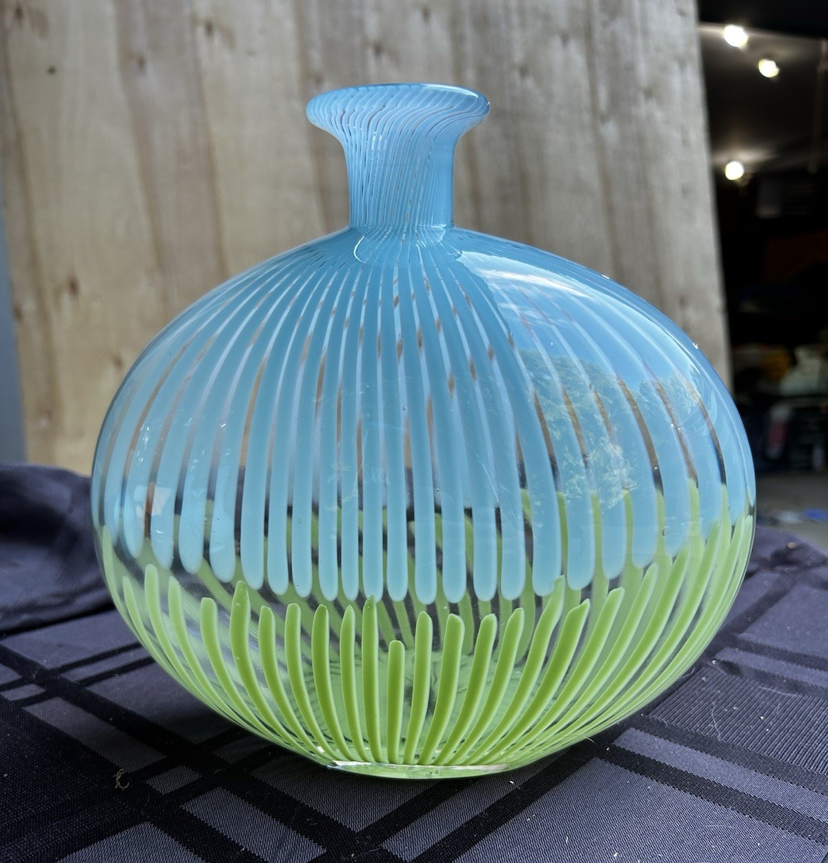 Blue & Green Striped Glass Vase, Glossy Finish Decorative 8 in x 8 in