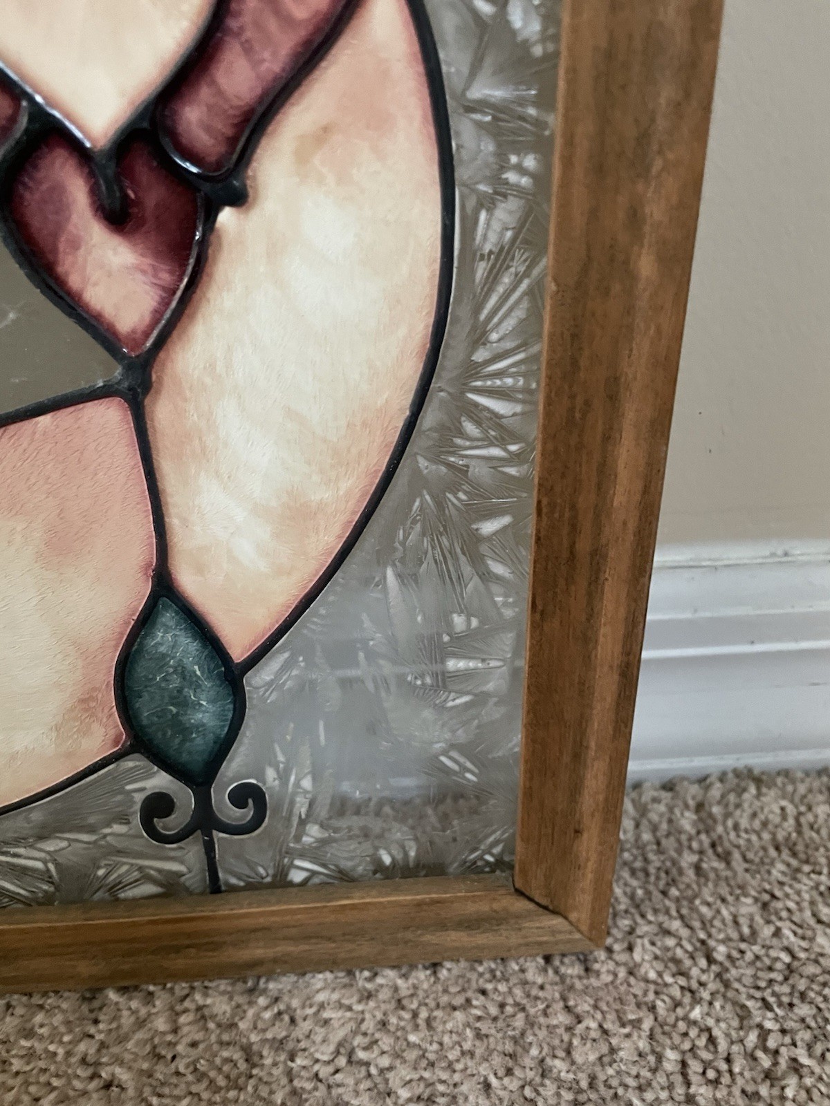 Vintage Stained Glass Hanging Wood Framed Window Panel 19″ X 15.5″ EUC
