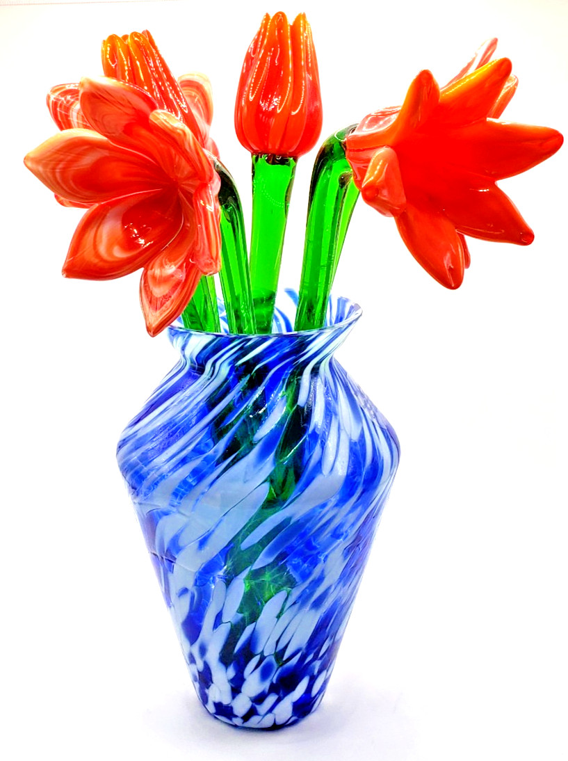 Royal Limited Czech Crystal 5″ Vase w Handblown Glass Flowers 8in Stems Set Art