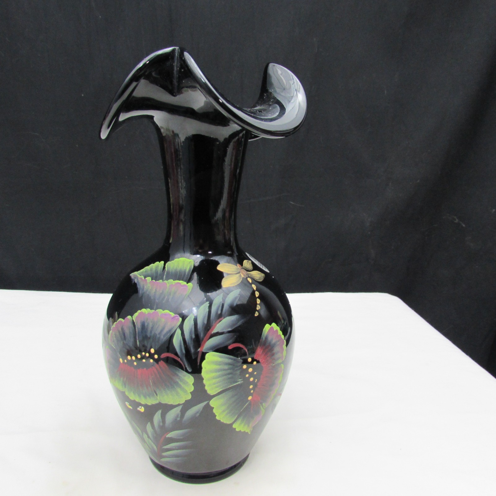 Fenton Black Tropical Forest Hand Painted Vase Special Order 2000 W641