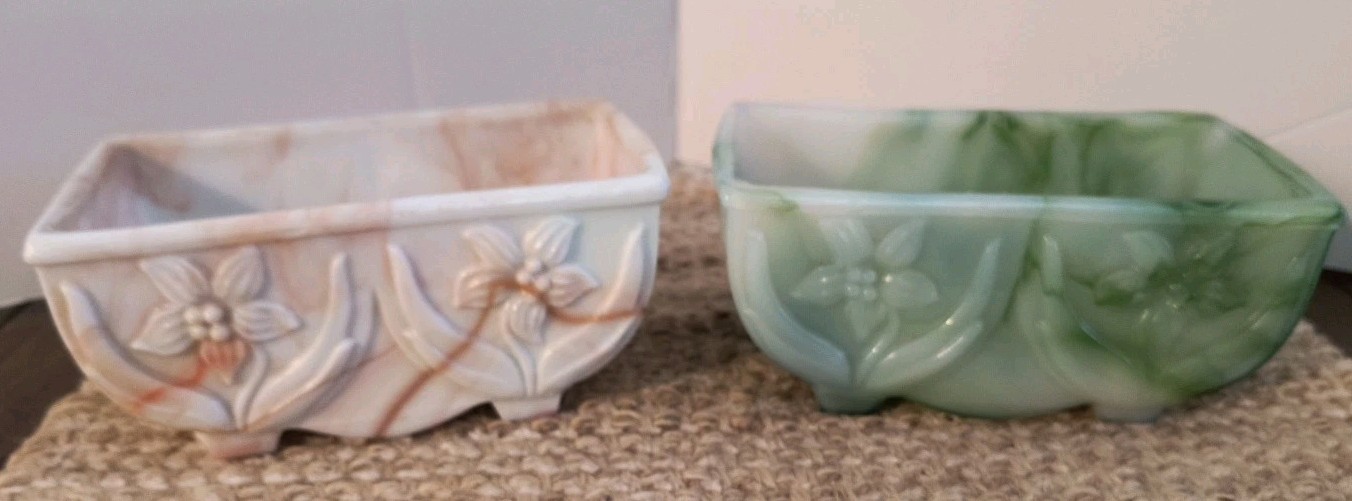 VTG Akro Agate Orange And Green White Slag Marbled Glass Planters Set Of 2